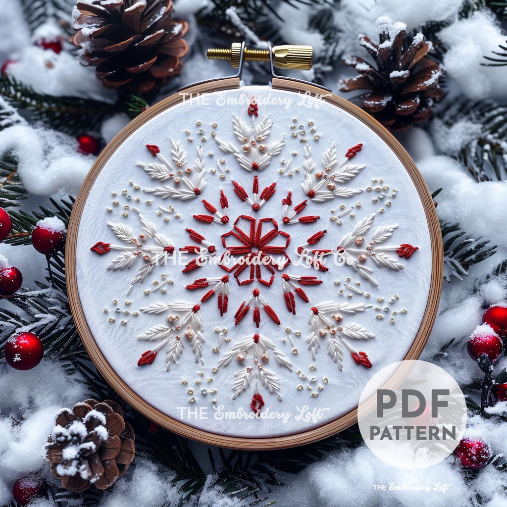 Red and White Snowflake Hand Embroidery Pattern