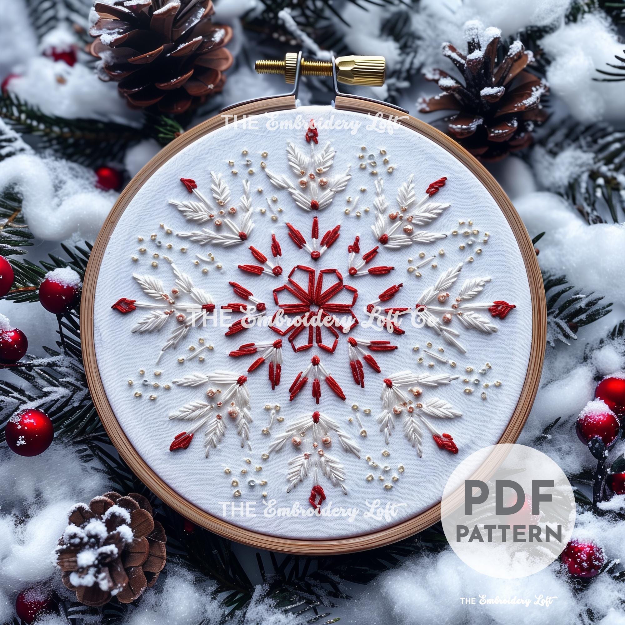 Red and White Snowflake Hand Embroidery Pattern