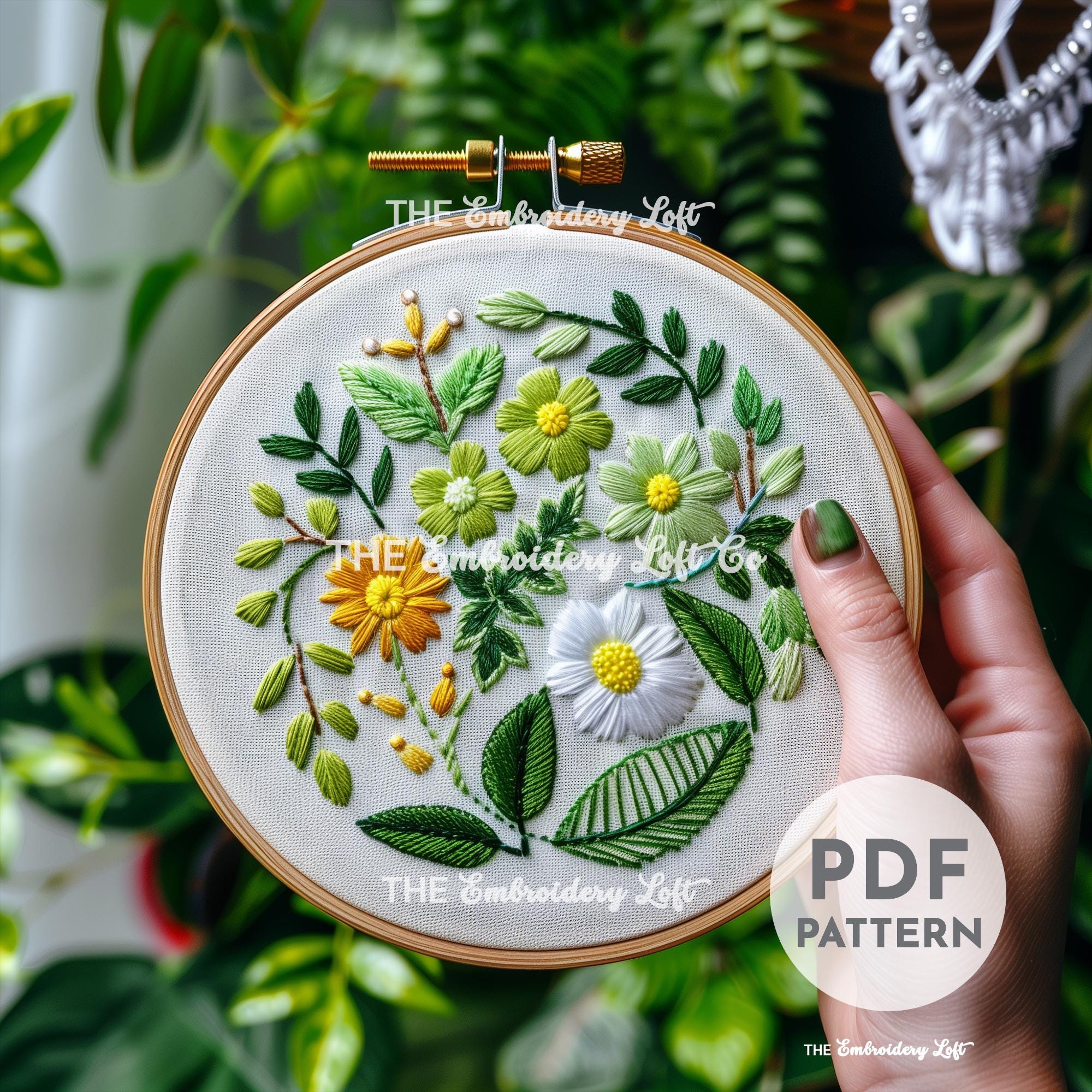 Green Folk Flower Hand Embroidery Pattern