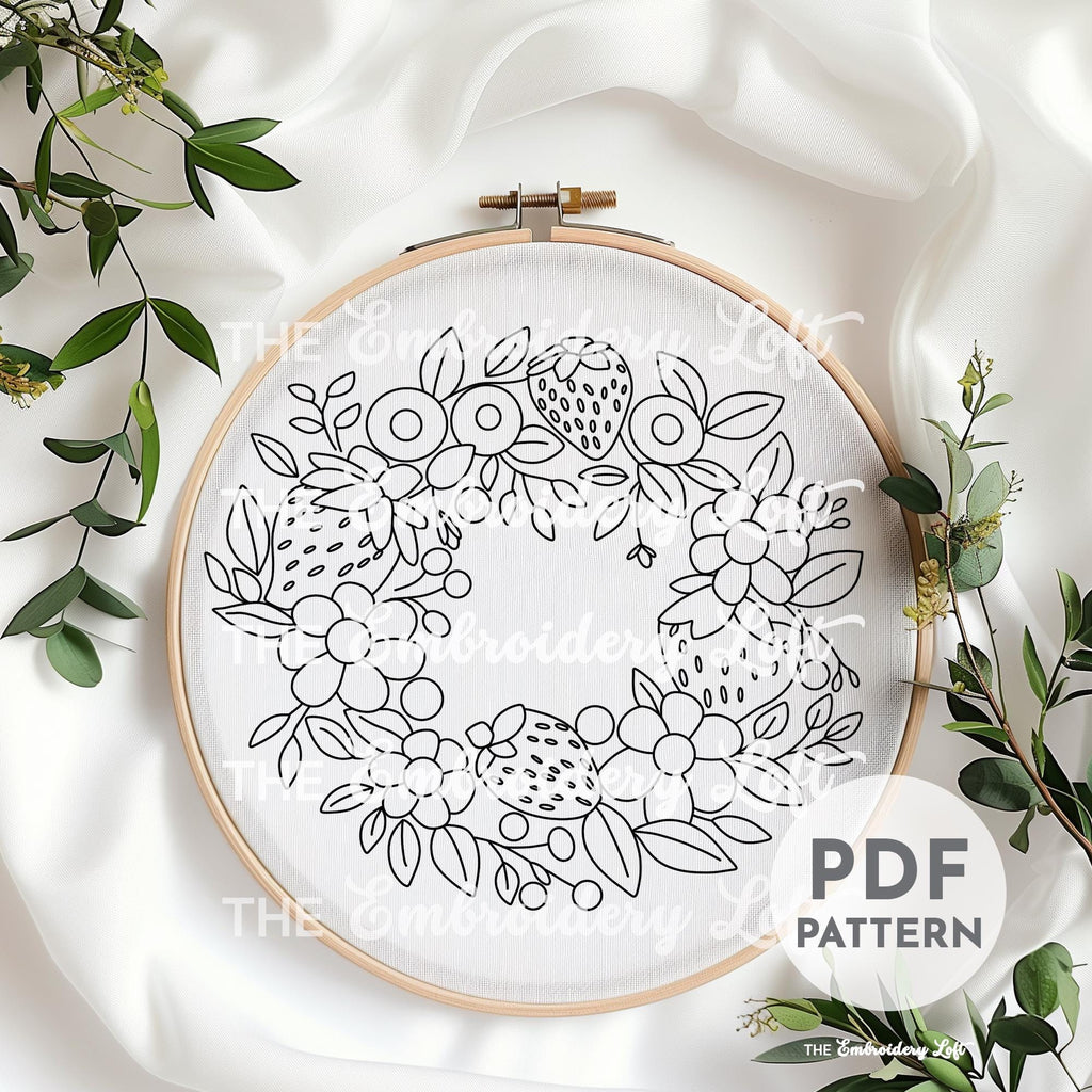 Strawberry Wreath Hand Embroidery Pattern