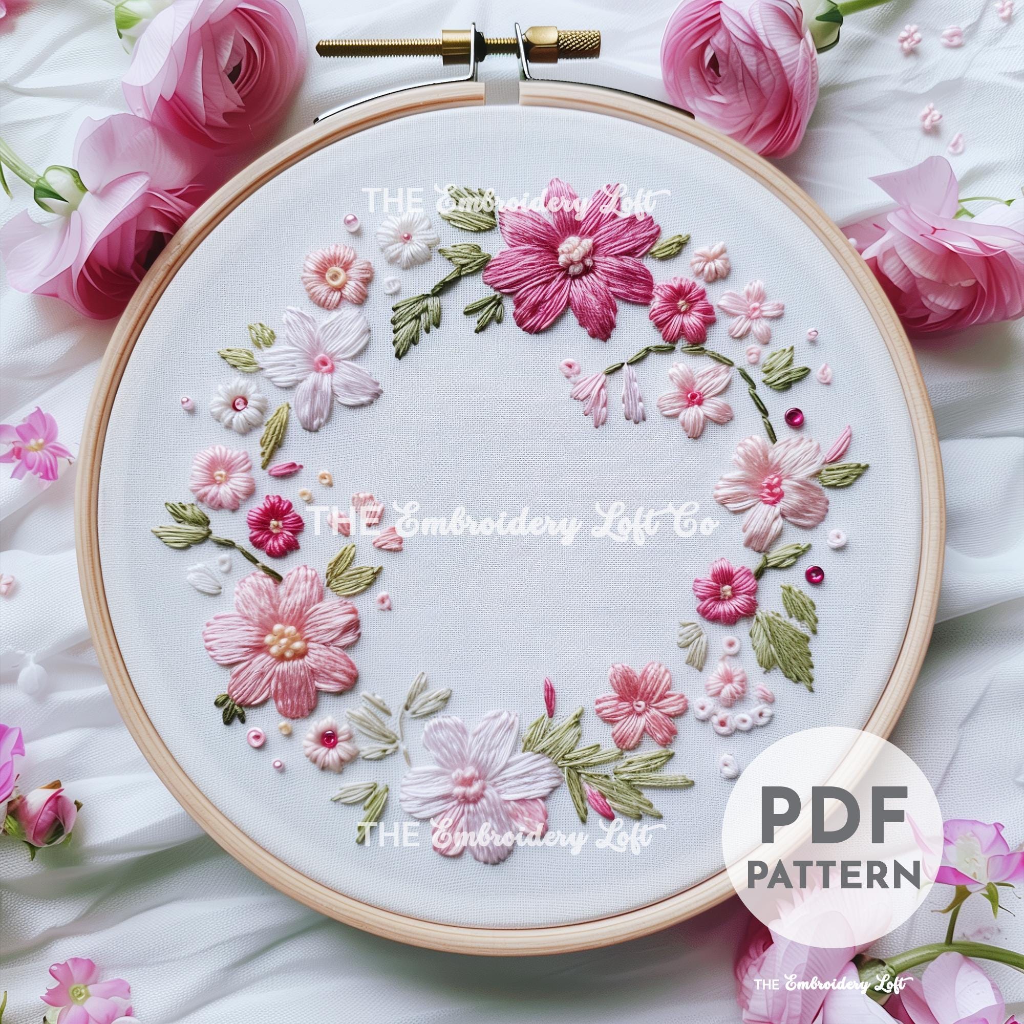 Pink Floral Wreath Hand Embroidery Pattern