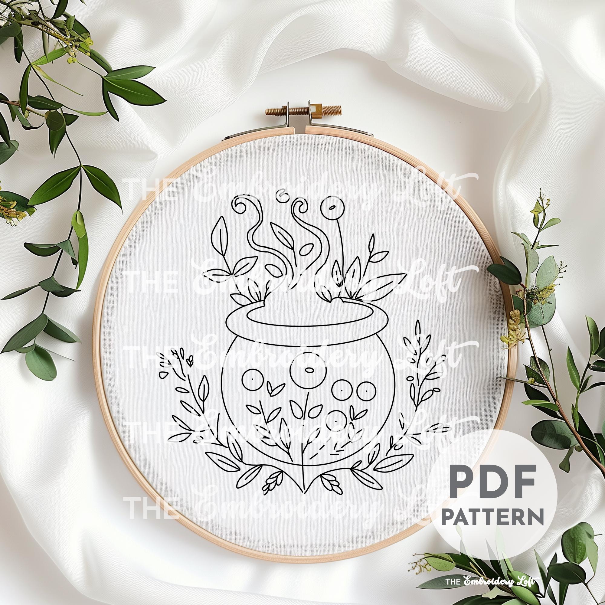 Pink Floral Cauldron Hand Embroidery Pattern