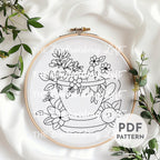 Floral Tea Cup Hand Embroidery Pattern