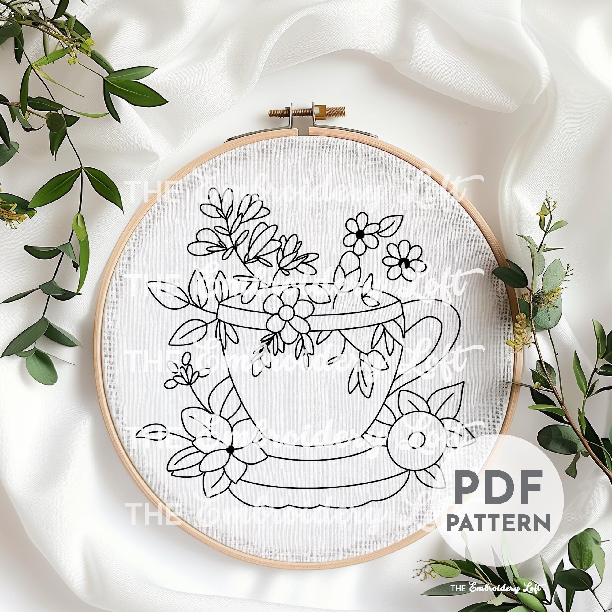 Floral Tea Cup Hand Embroidery Pattern