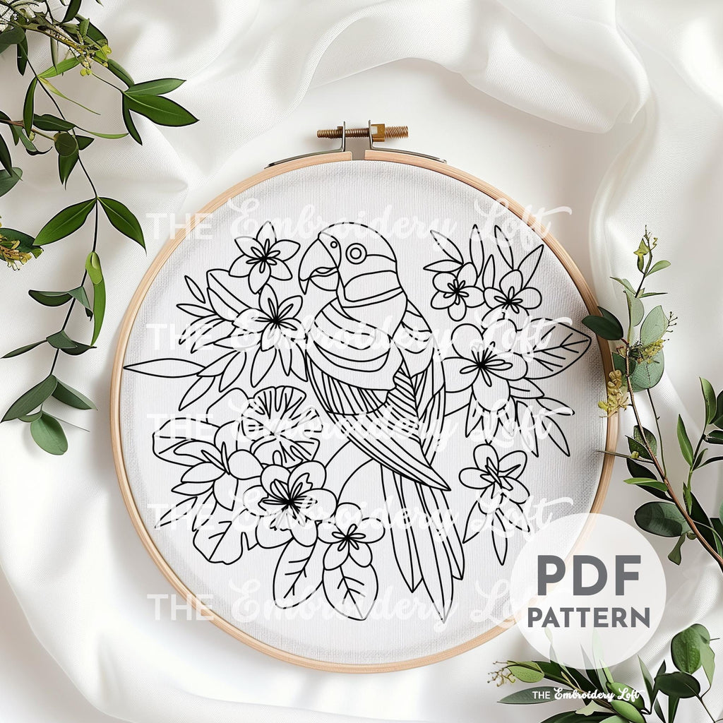Indian Ring-Necked Parakeet Hand Embroidery Pattern