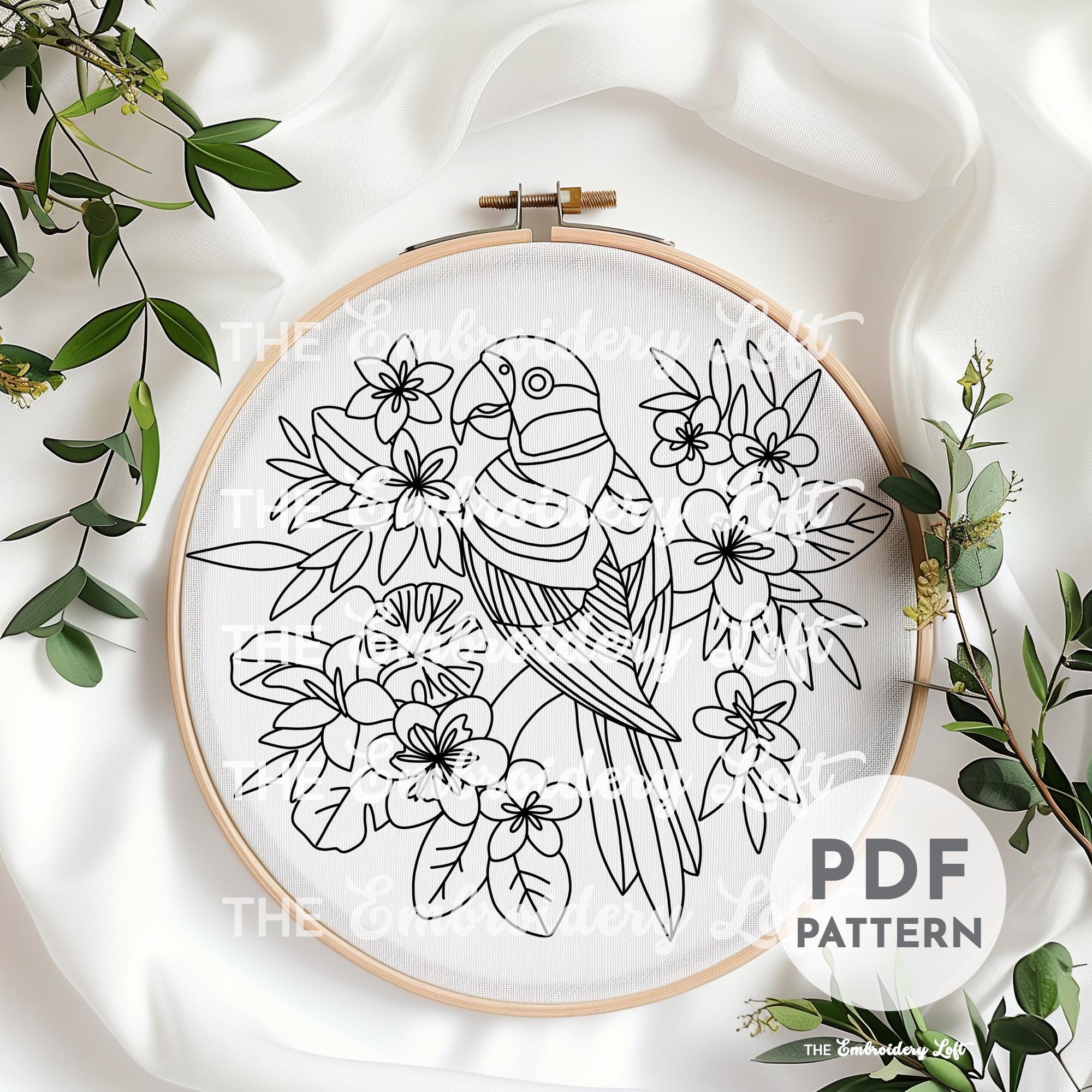 Indian Ring-Necked Parakeet Hand Embroidery Pattern