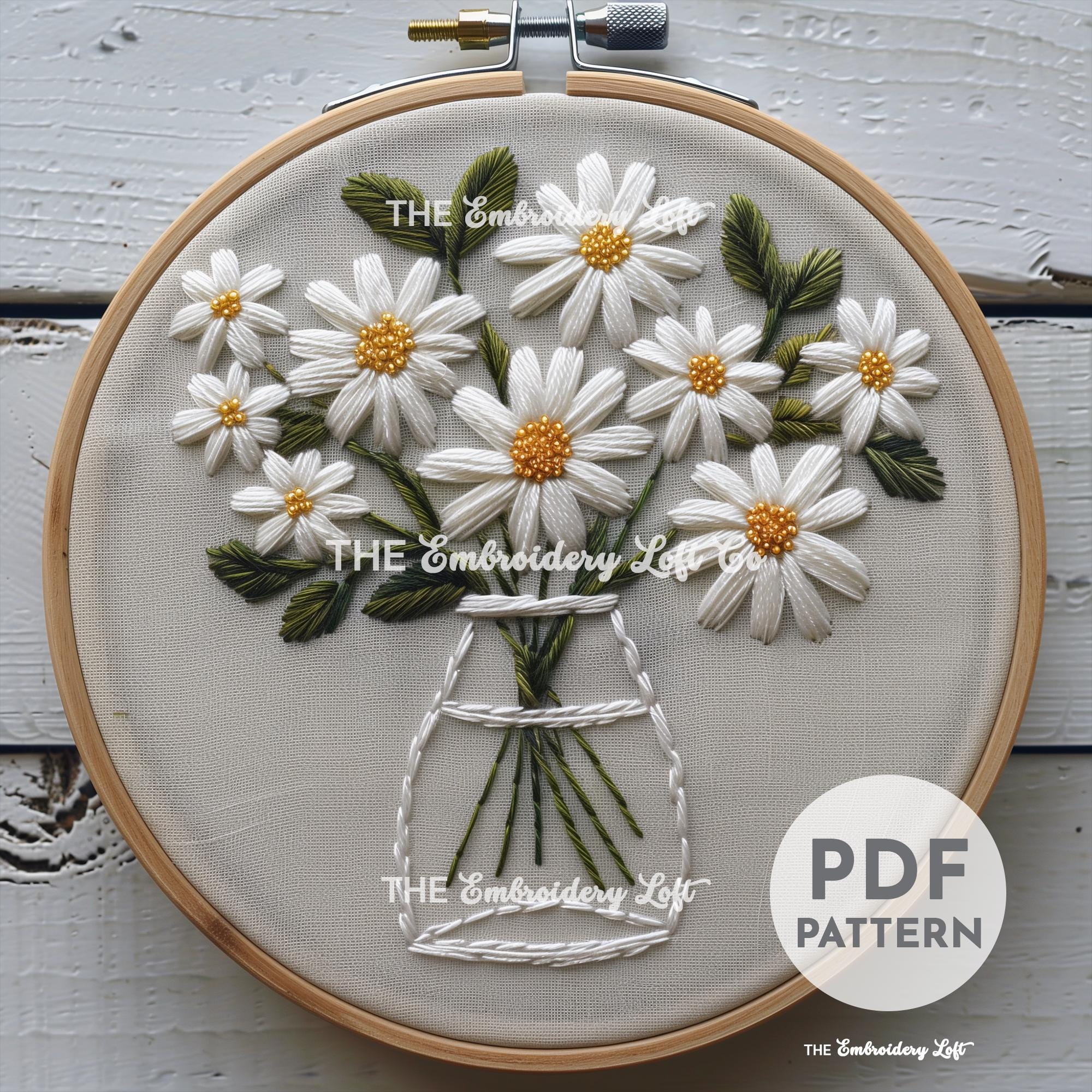 Vase of Daisies Hand Embroidery Pattern