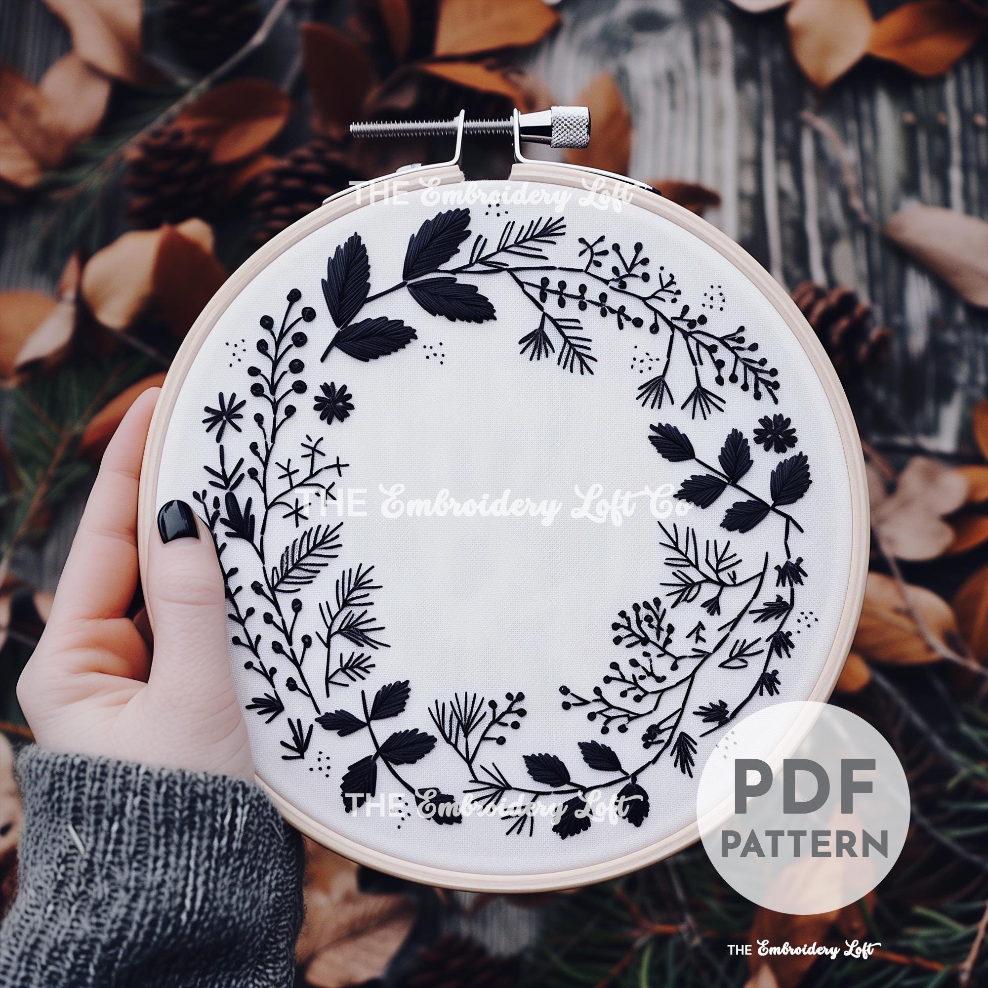 Black Floral Wreath Hand Embroidery Pattern