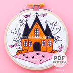 Orange Retro Haunted House Hand Embroidery Pattern