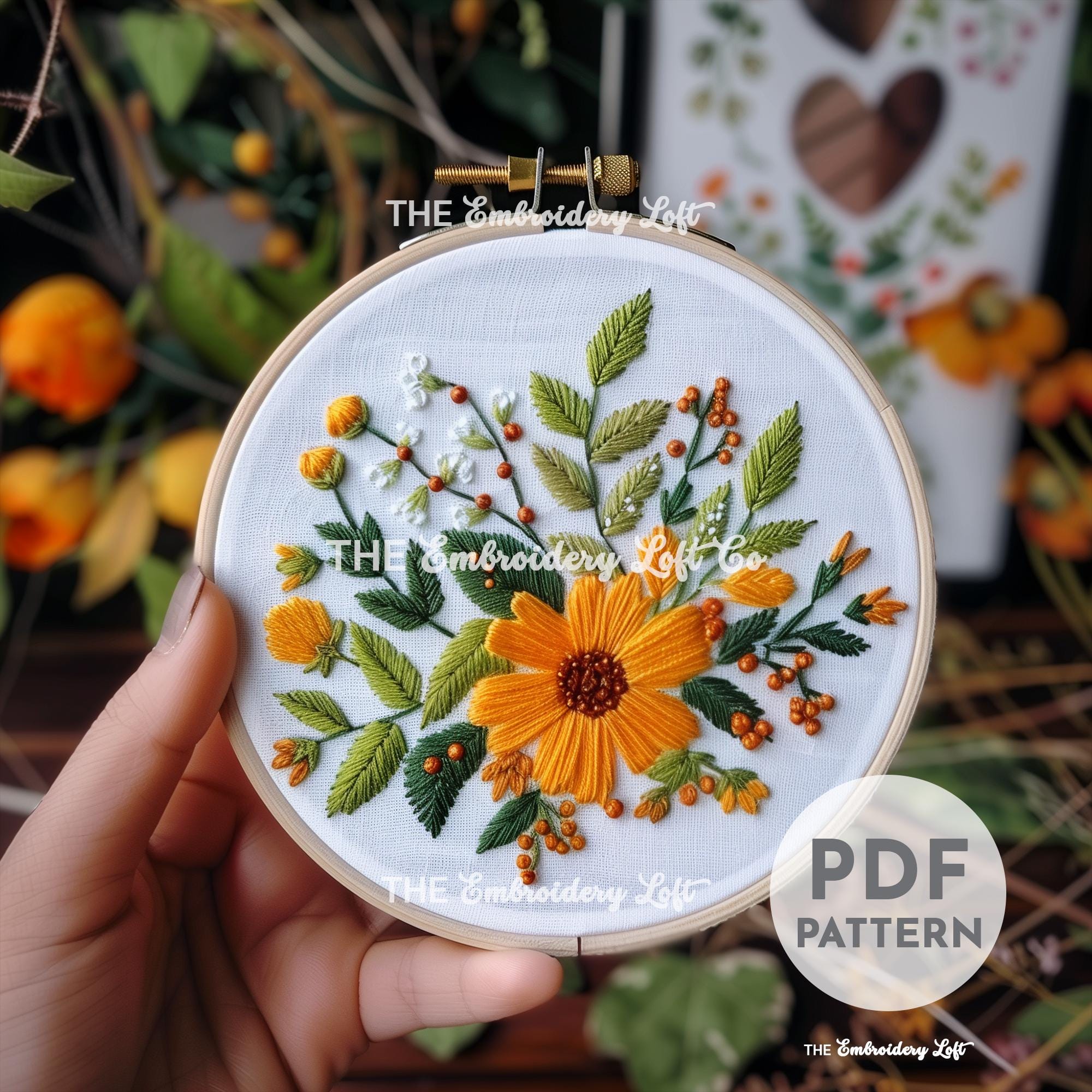 Orange and Green Folk Flower Hand Embroidery Pattern