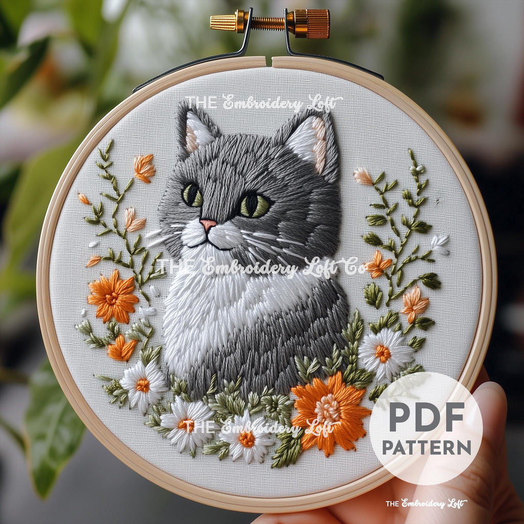Gray Cat Hand Embroidery Pattern
