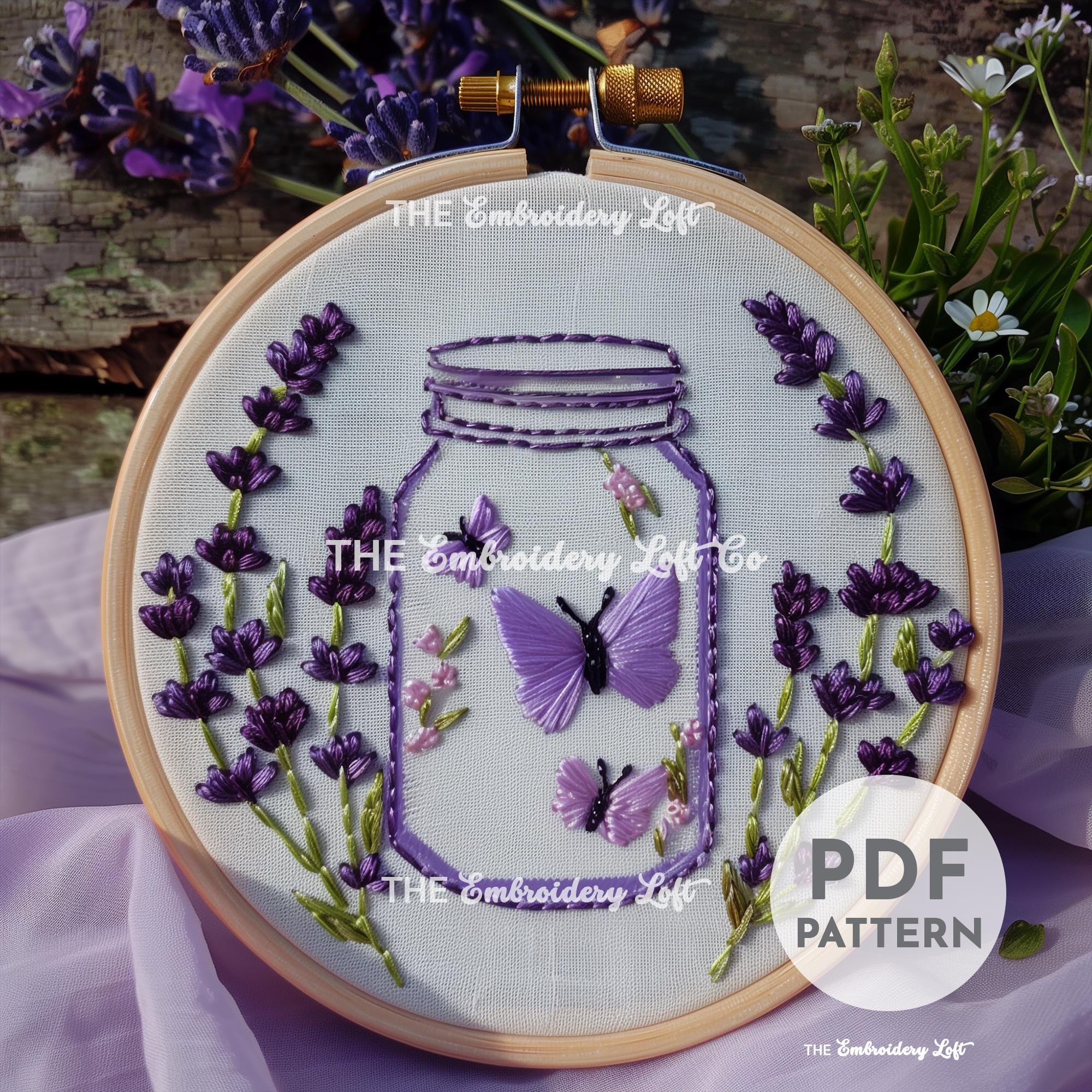 Purple Butterflies and Flowers Hand Embroidery Pattern