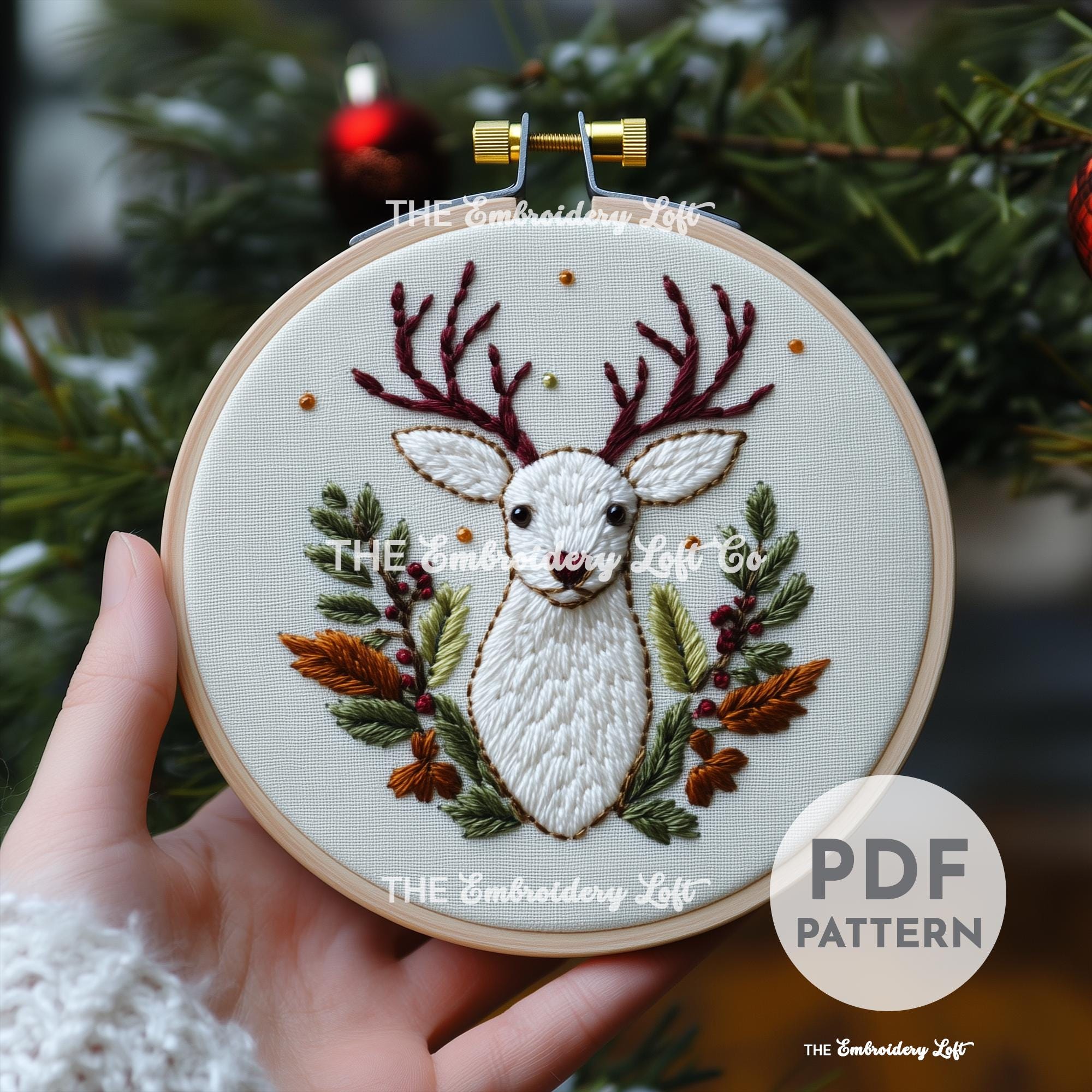 White Reindeer Hand Embroidery Pattern
