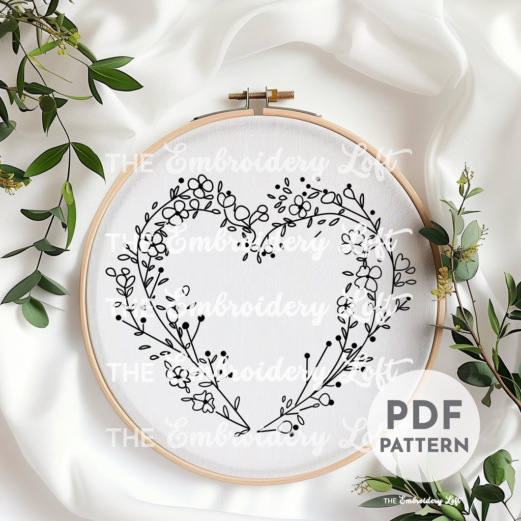 Dainty Floral Heart Wreath Hand Embroidery Pattern
