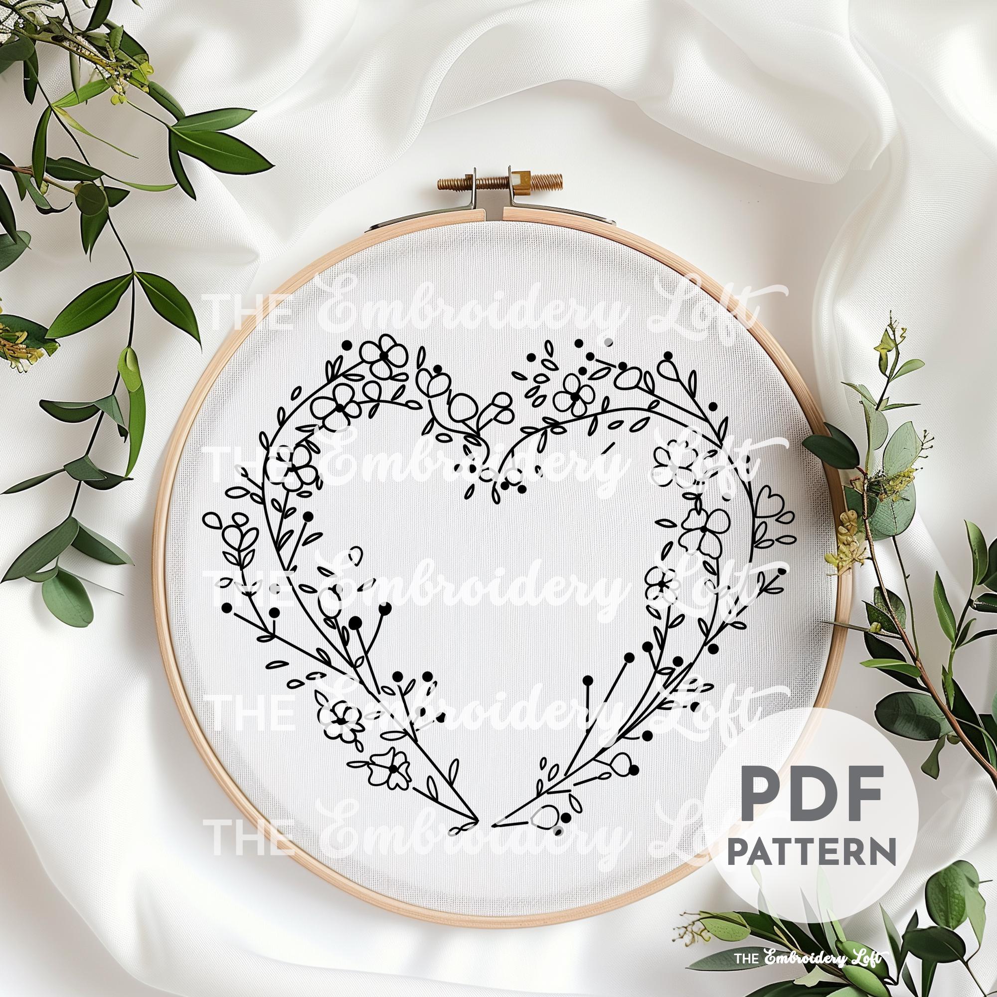 Dainty Floral Heart Wreath Hand Embroidery Pattern