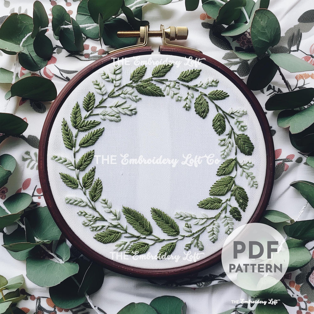 Green Foliage Wreath Hand Embroidery Pattern