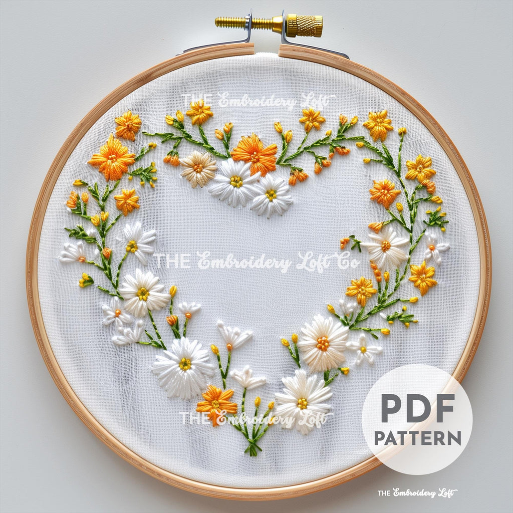 Orange Floral Heart Wreath Hand Embroidery Pattern