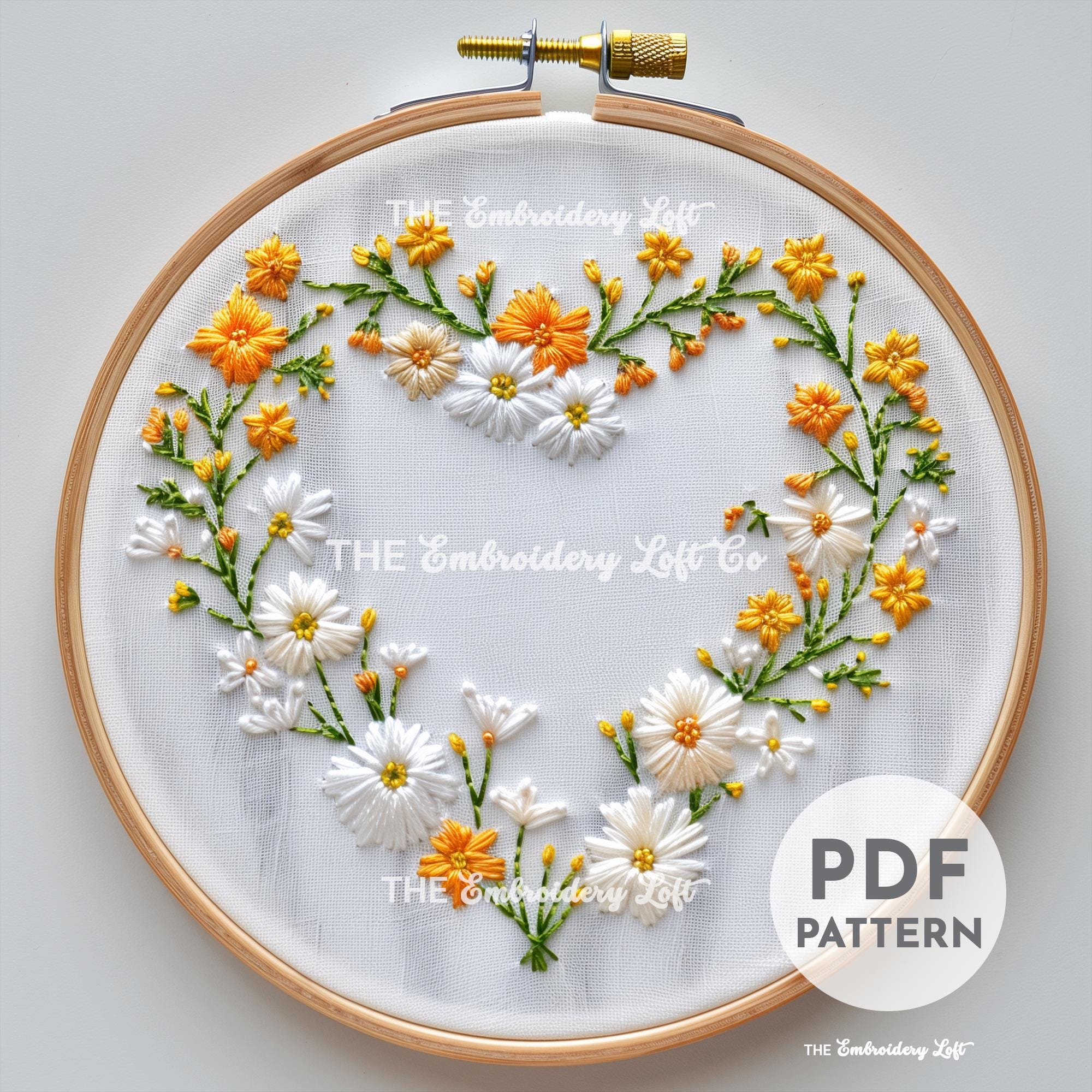 Orange Floral Heart Wreath Hand Embroidery Pattern