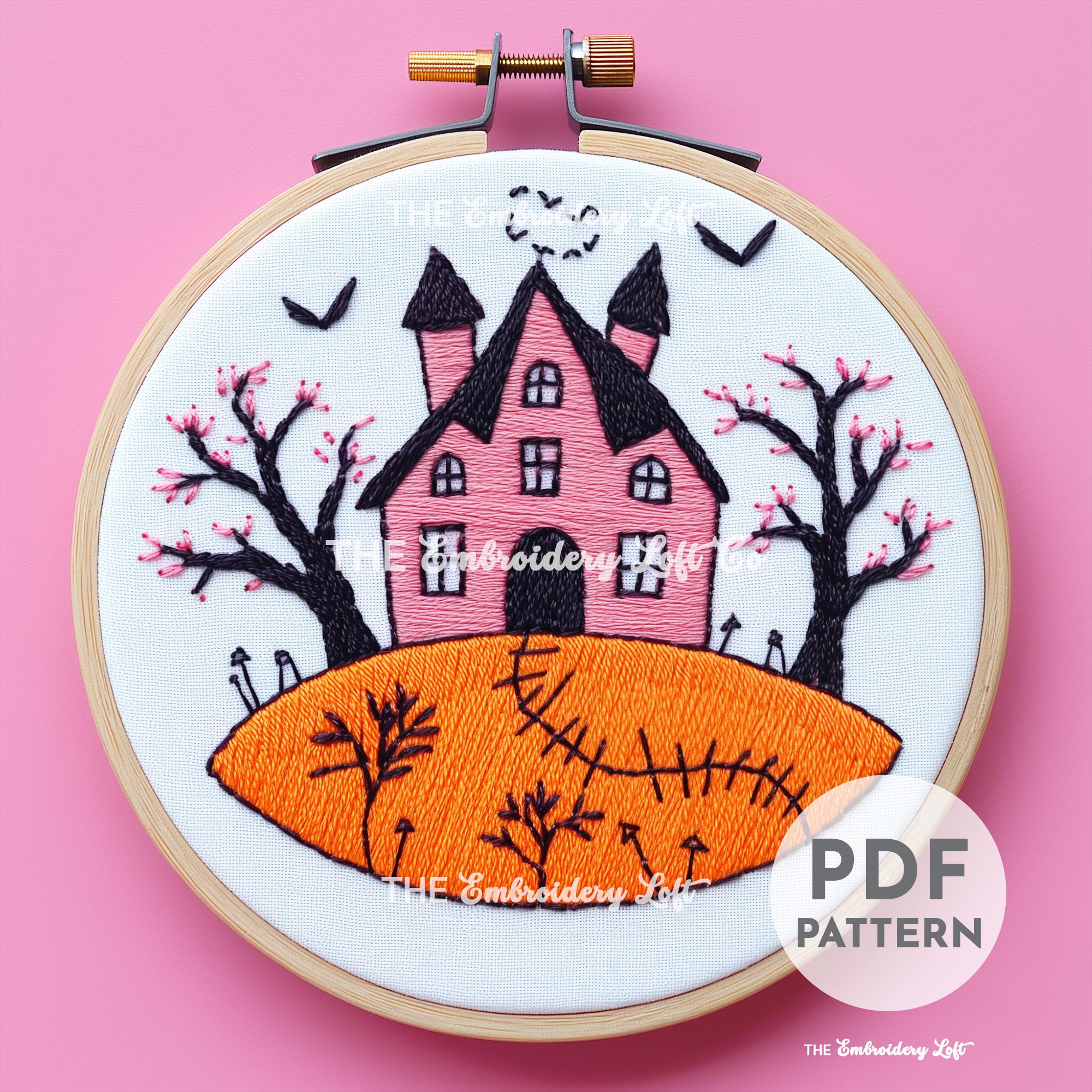 Pink Retro Haunted House Hand Embroidery Pattern