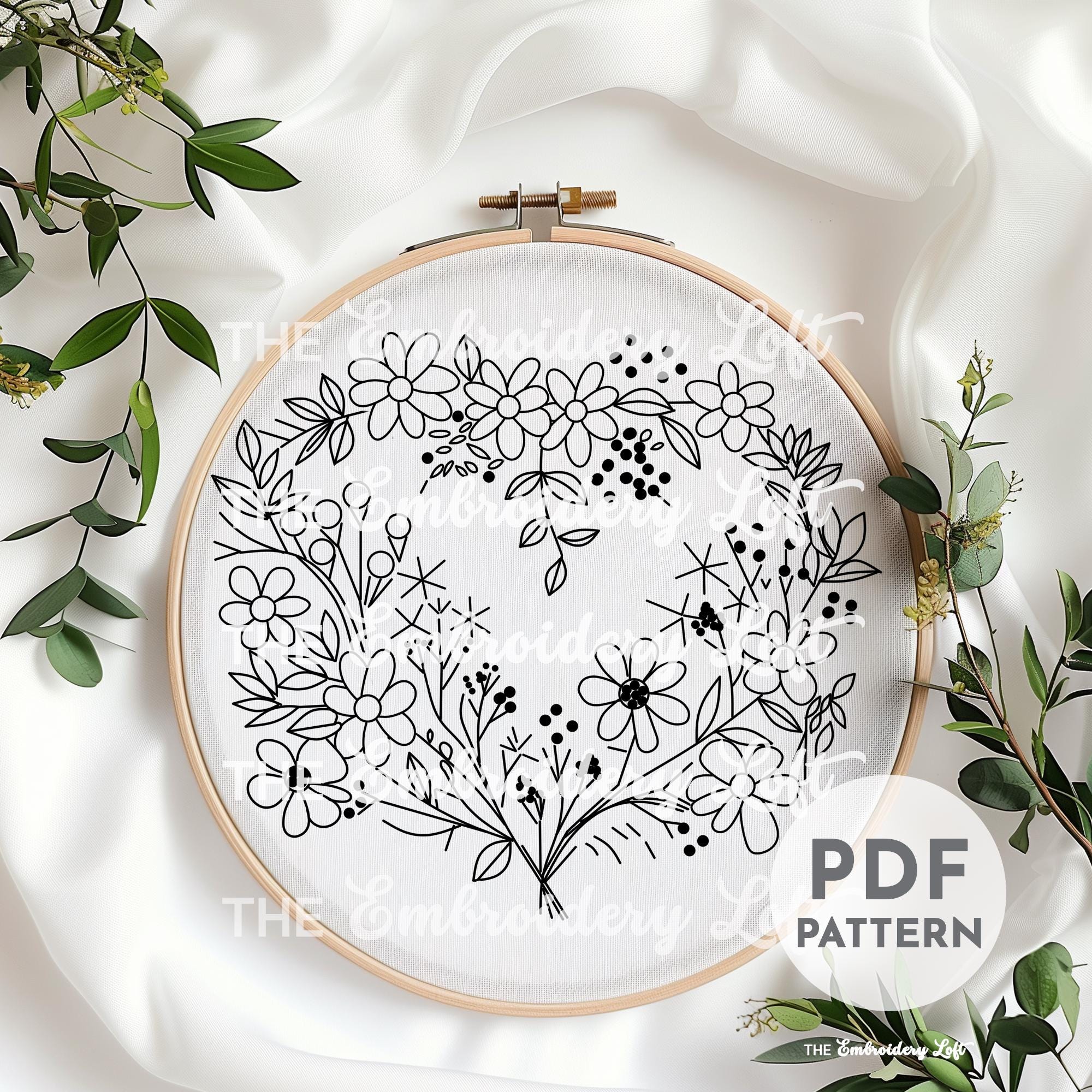 Orange Floral Heart Wreath Hand Embroidery Pattern