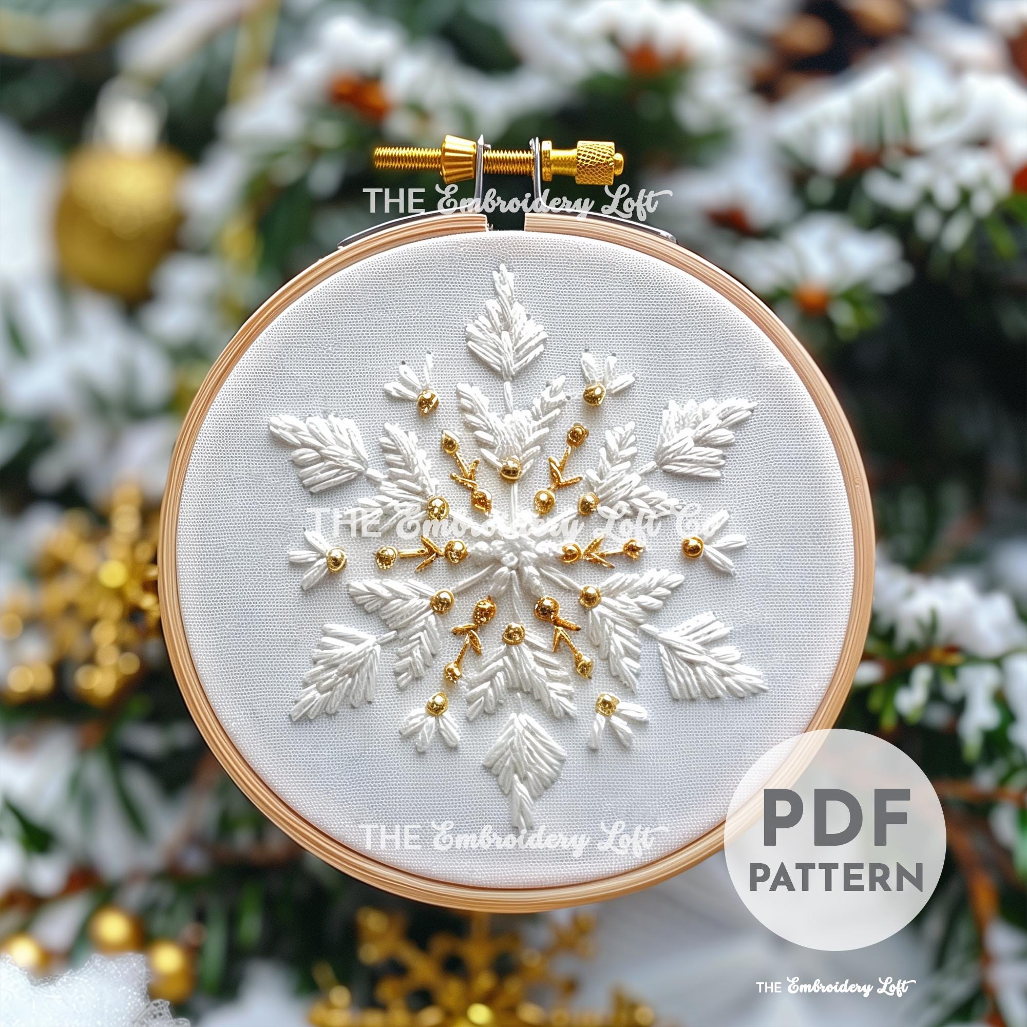Gold and White Snowflake Hand Embroidery Pattern