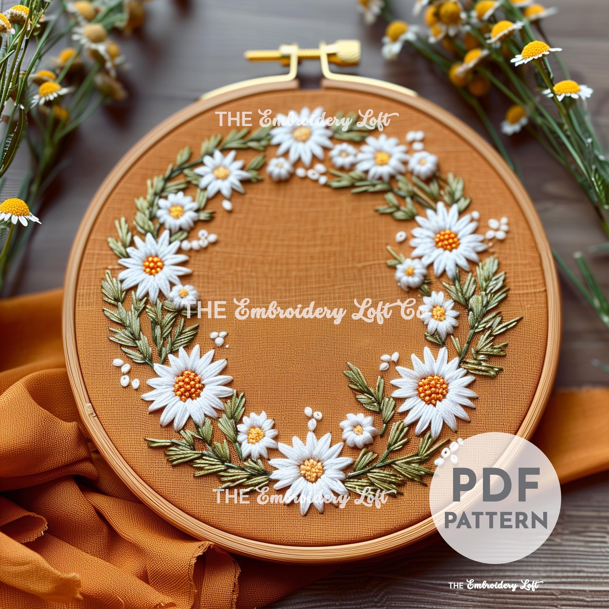 Autumn Daisy Wreath Hand Embroidery Pattern
