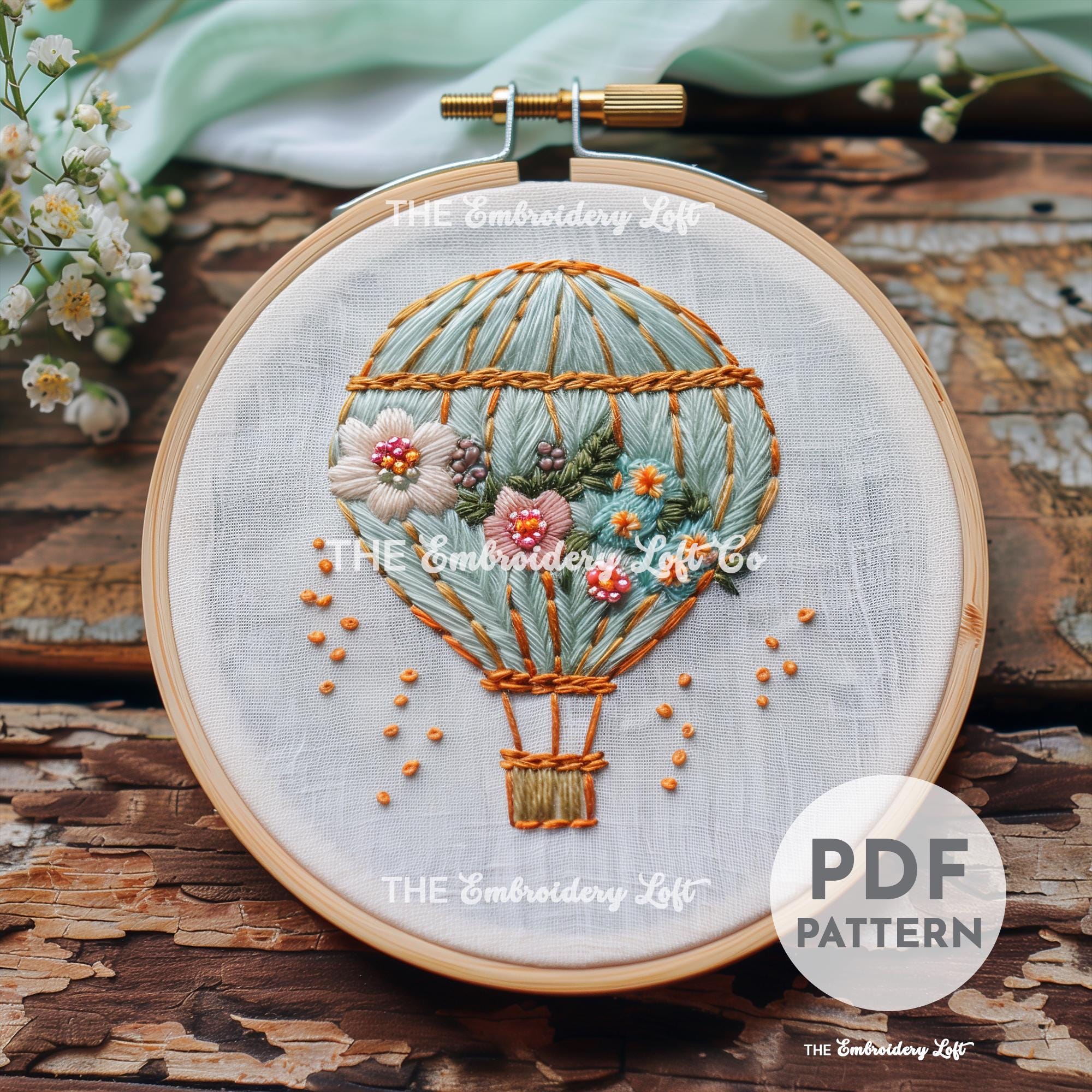 Floral Hot Air Balloon Hand Embroidery Pattern