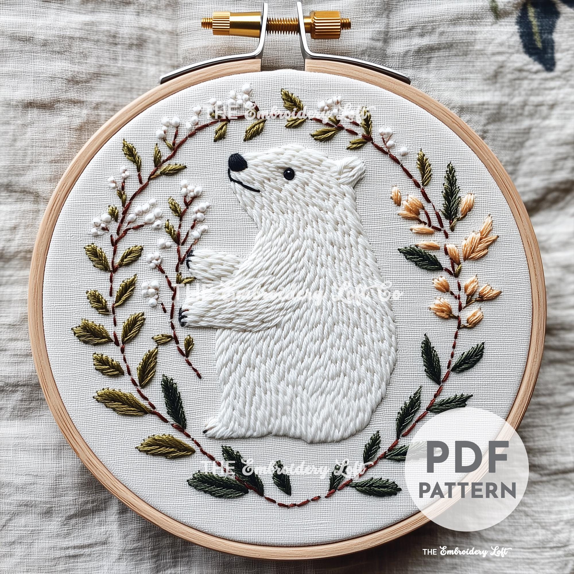 Floral Polar Bear Hand Embroidery Pattern