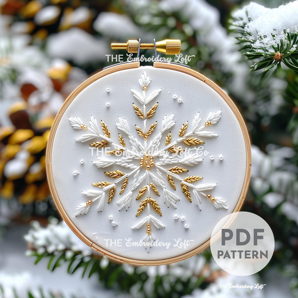 Gold and White Snowflake Hand Embroidery Pattern