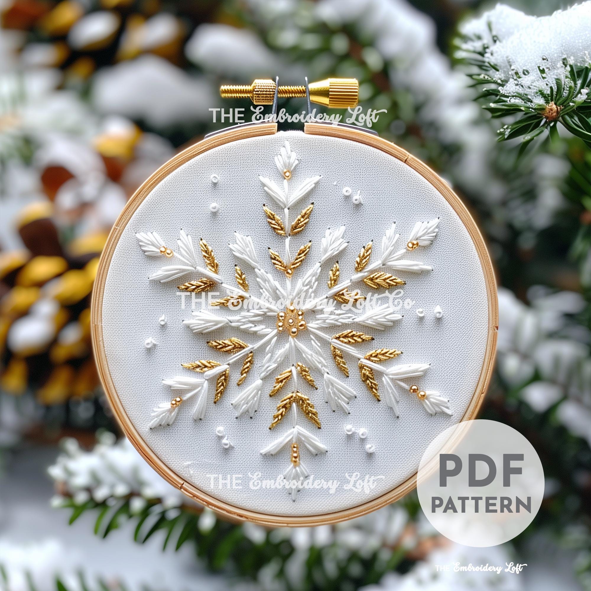 Gold and White Snowflake Hand Embroidery Pattern