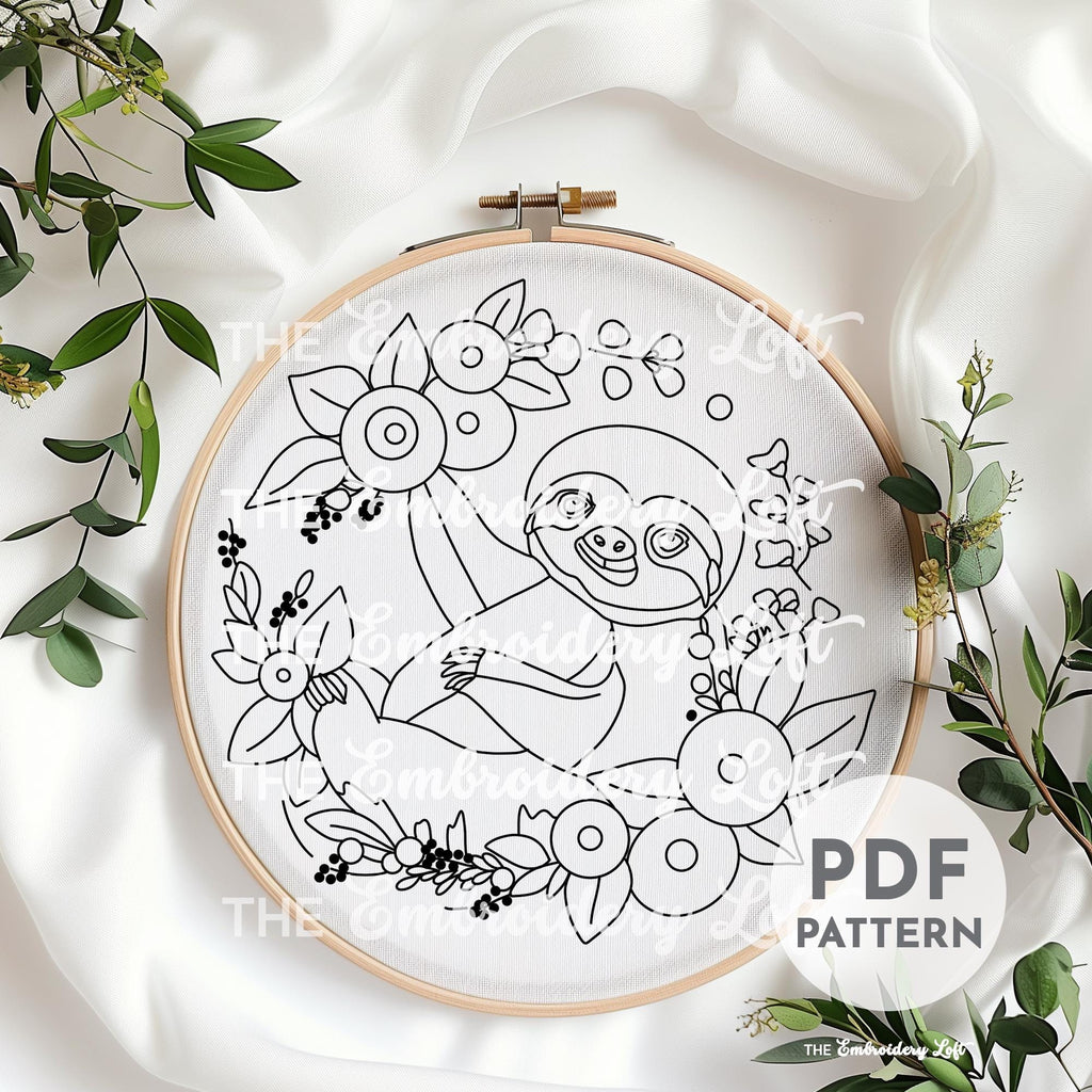 Floral Sloth Hand Embroidery Pattern