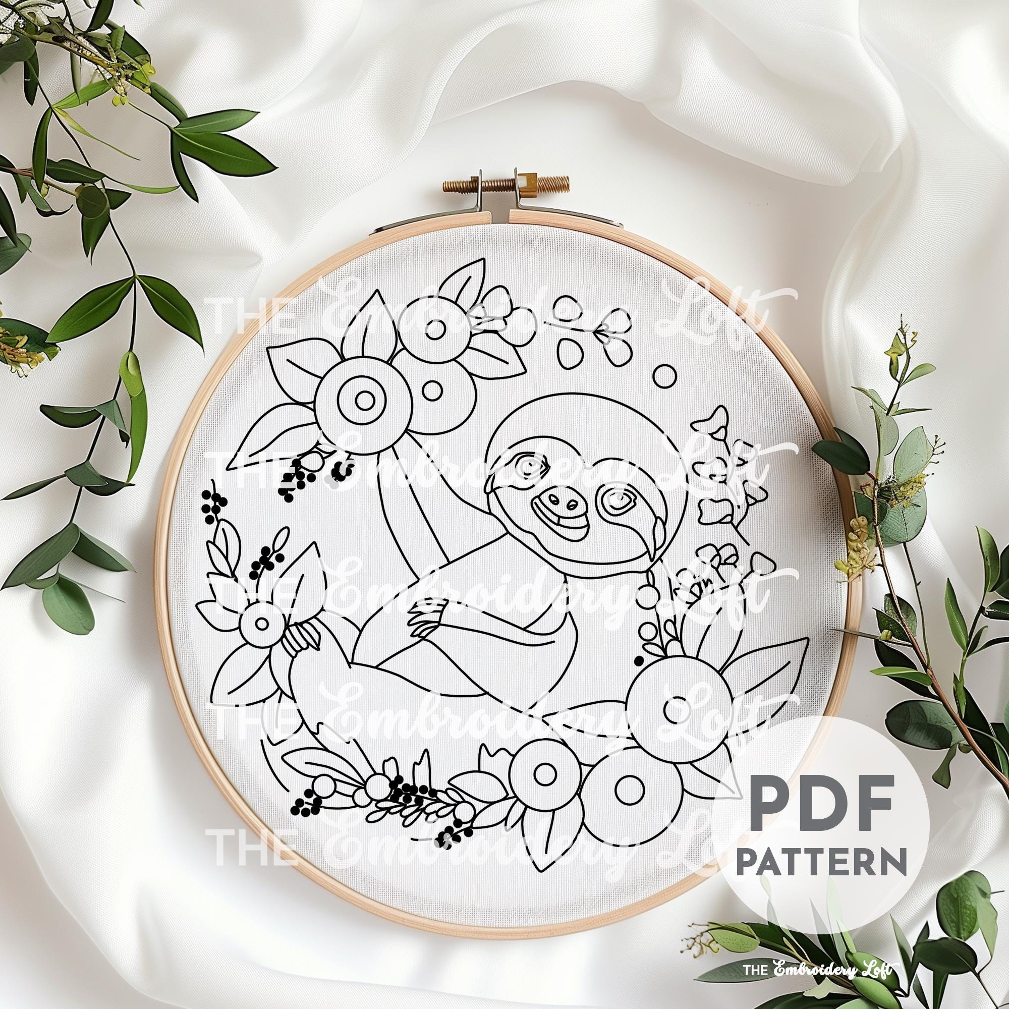Floral Sloth Hand Embroidery Pattern