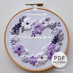 Purple Floral Heart Wreath Hand Embroidery Pattern