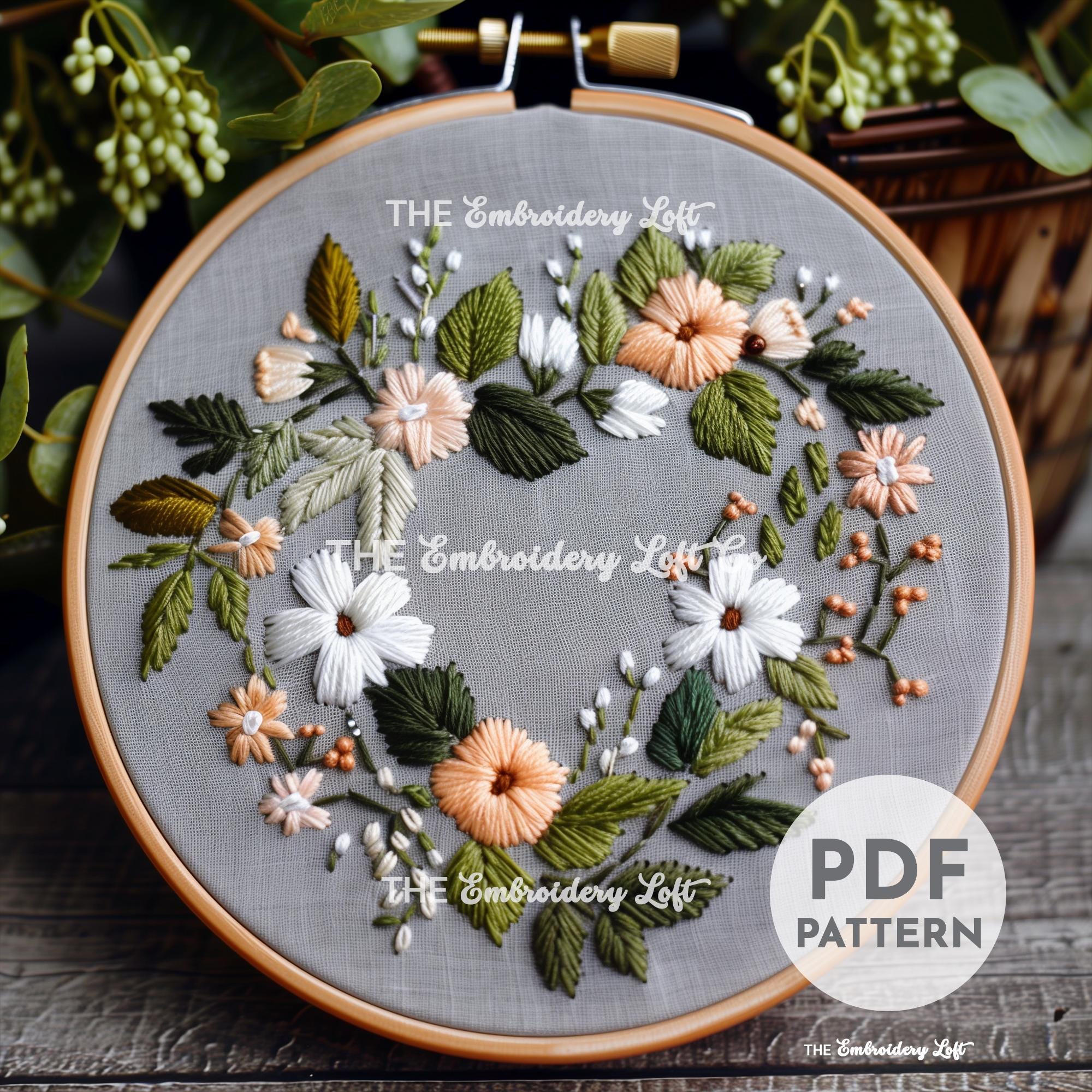Forest Floral Heart Wreath Hand Embroidery Pattern