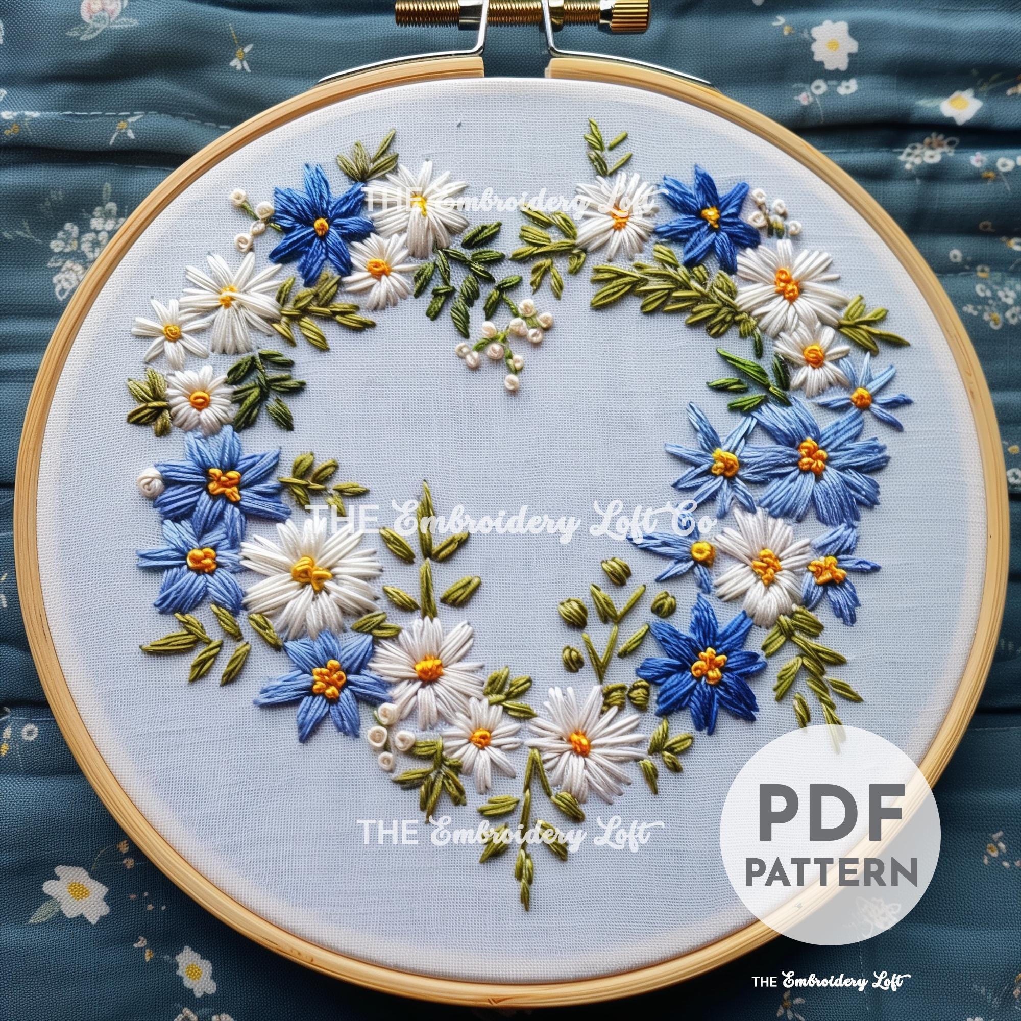 Blue Floral Heart Wreath Hand Embroidery Pattern