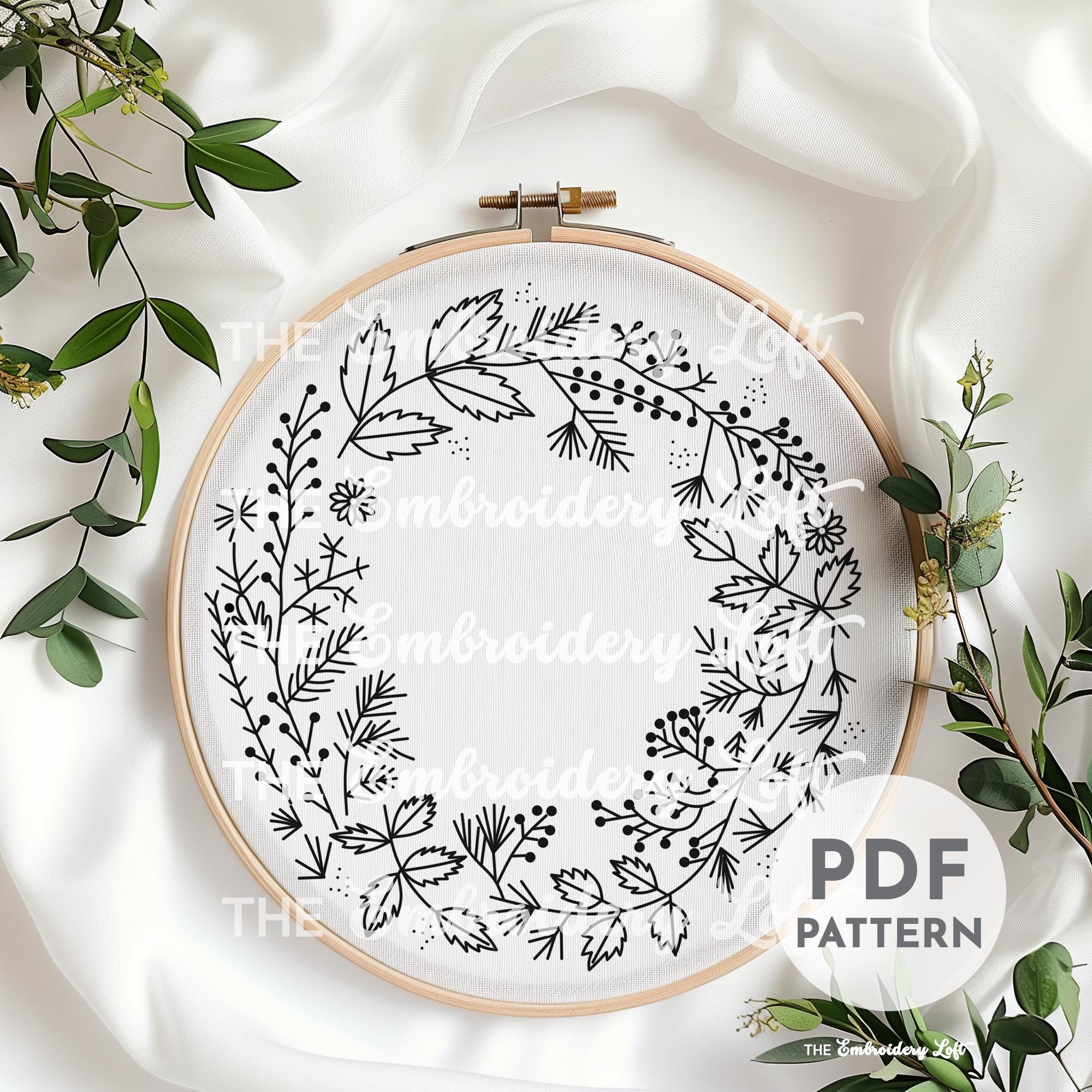 Black Floral Wreath Hand Embroidery Pattern