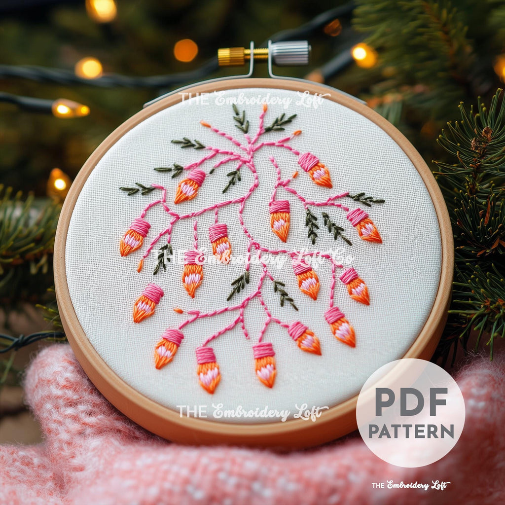 Pink Christmas Lights Hand Embroidery Pattern