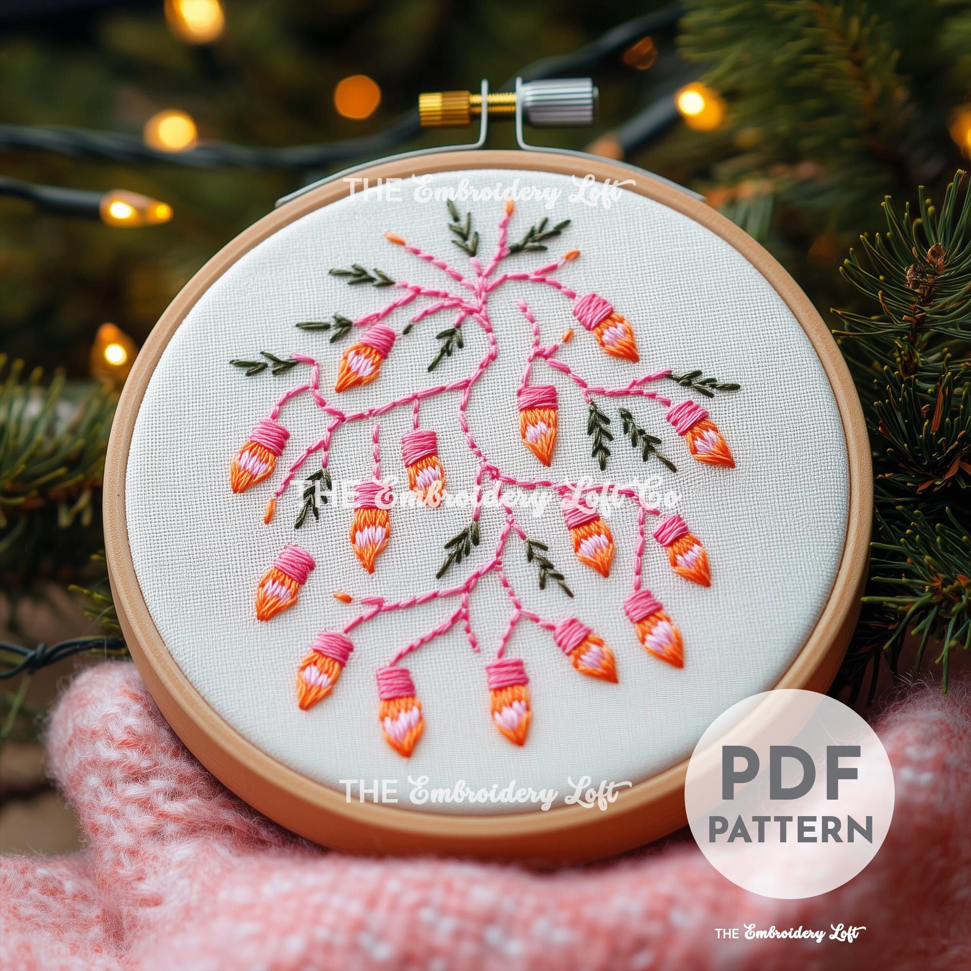 Pink Christmas Lights Hand Embroidery Pattern