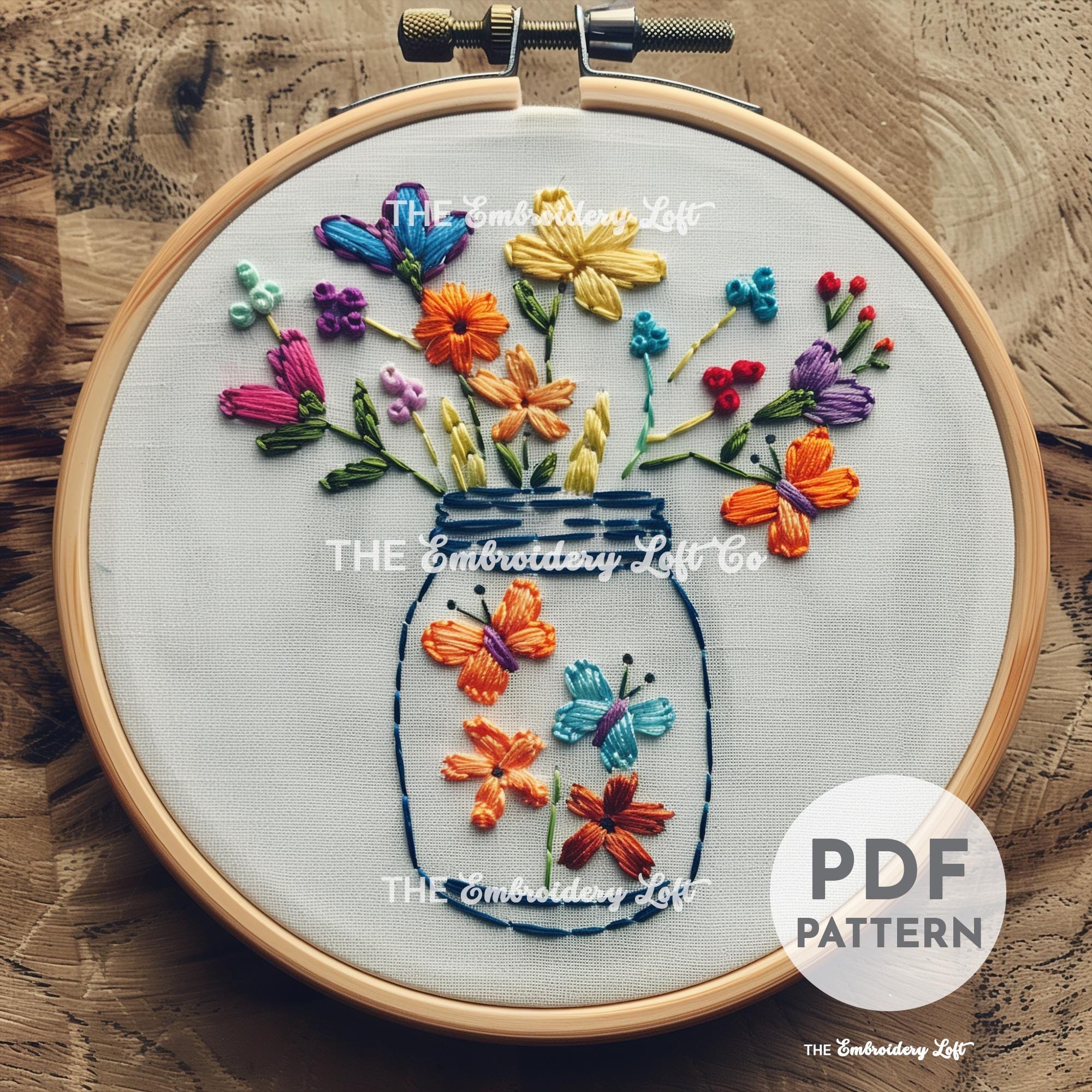 Jar of Butterflies and Flowers Hand Embroidery Pattern