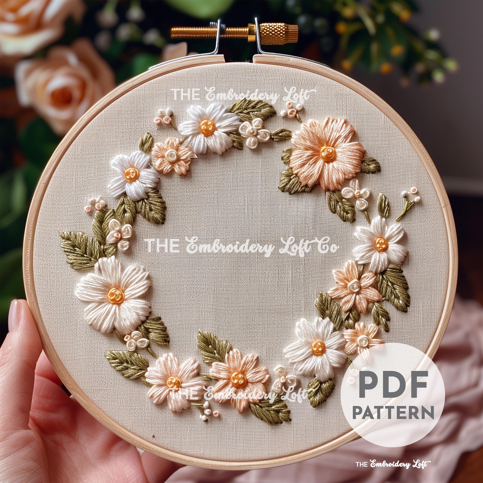 Peachy Wreath Hand Embroidery Pattern