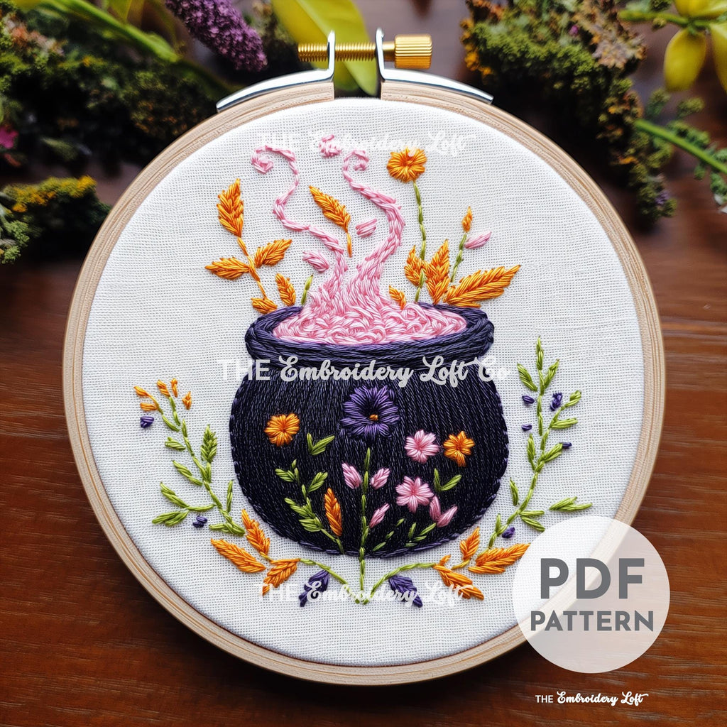 Pink Floral Cauldron Hand Embroidery Pattern