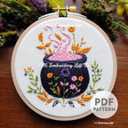 Pink Floral Cauldron Hand Embroidery Pattern