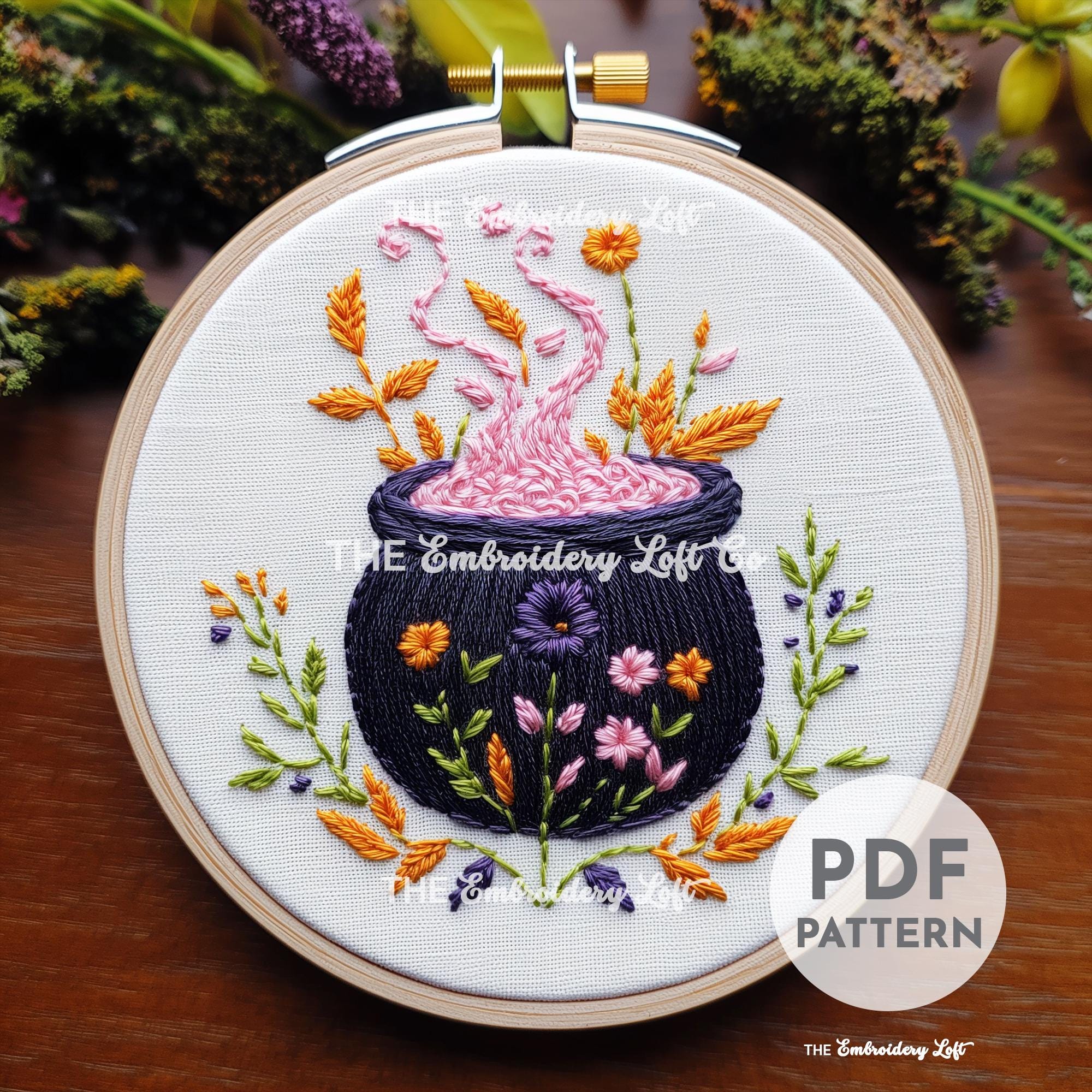 Pink Floral Cauldron Hand Embroidery Pattern