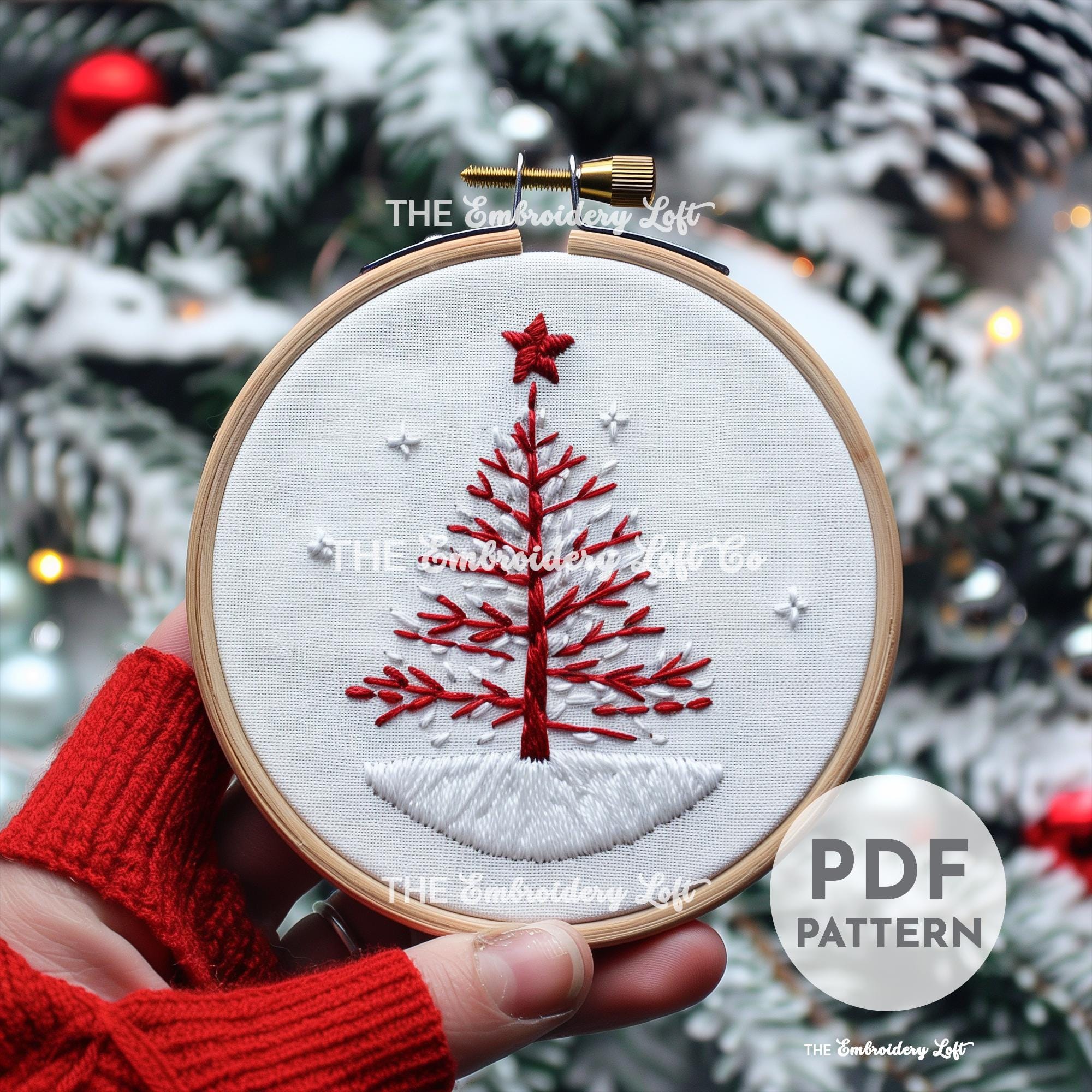 Red and White Christmas Tree Hand Embroidery Pattern