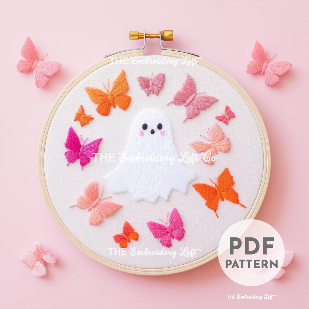 Retro Ghost with Butterflies Hand Embroidery Pattern