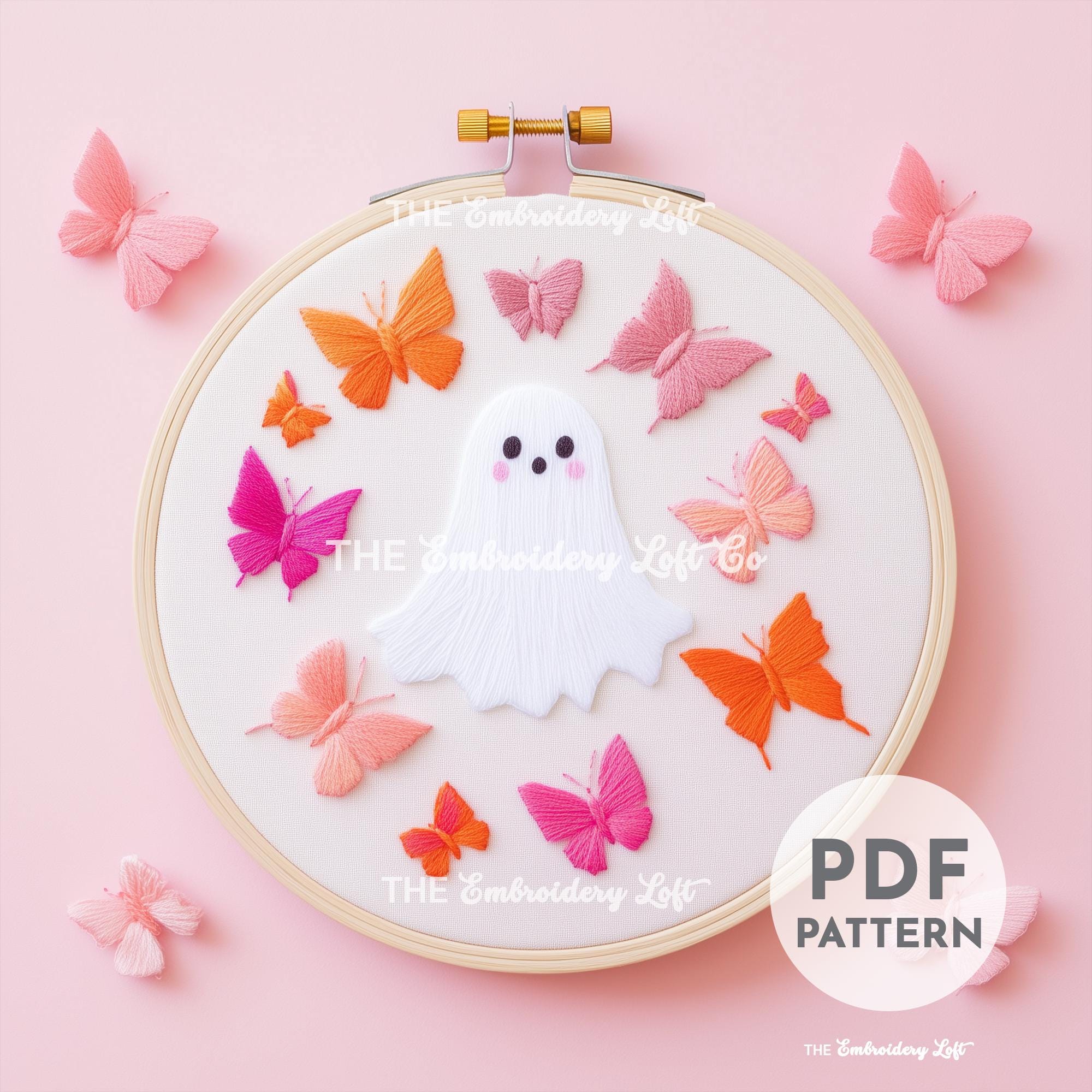 Retro Ghost with Butterflies Hand Embroidery Pattern