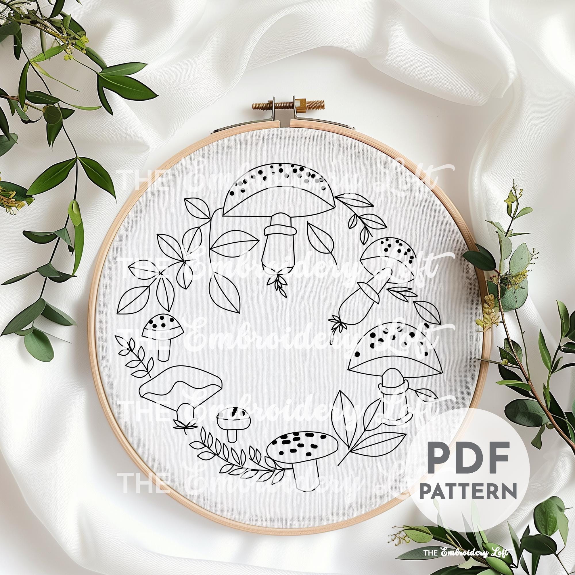 Mushroom Wreath Hand Embroidery Pattern