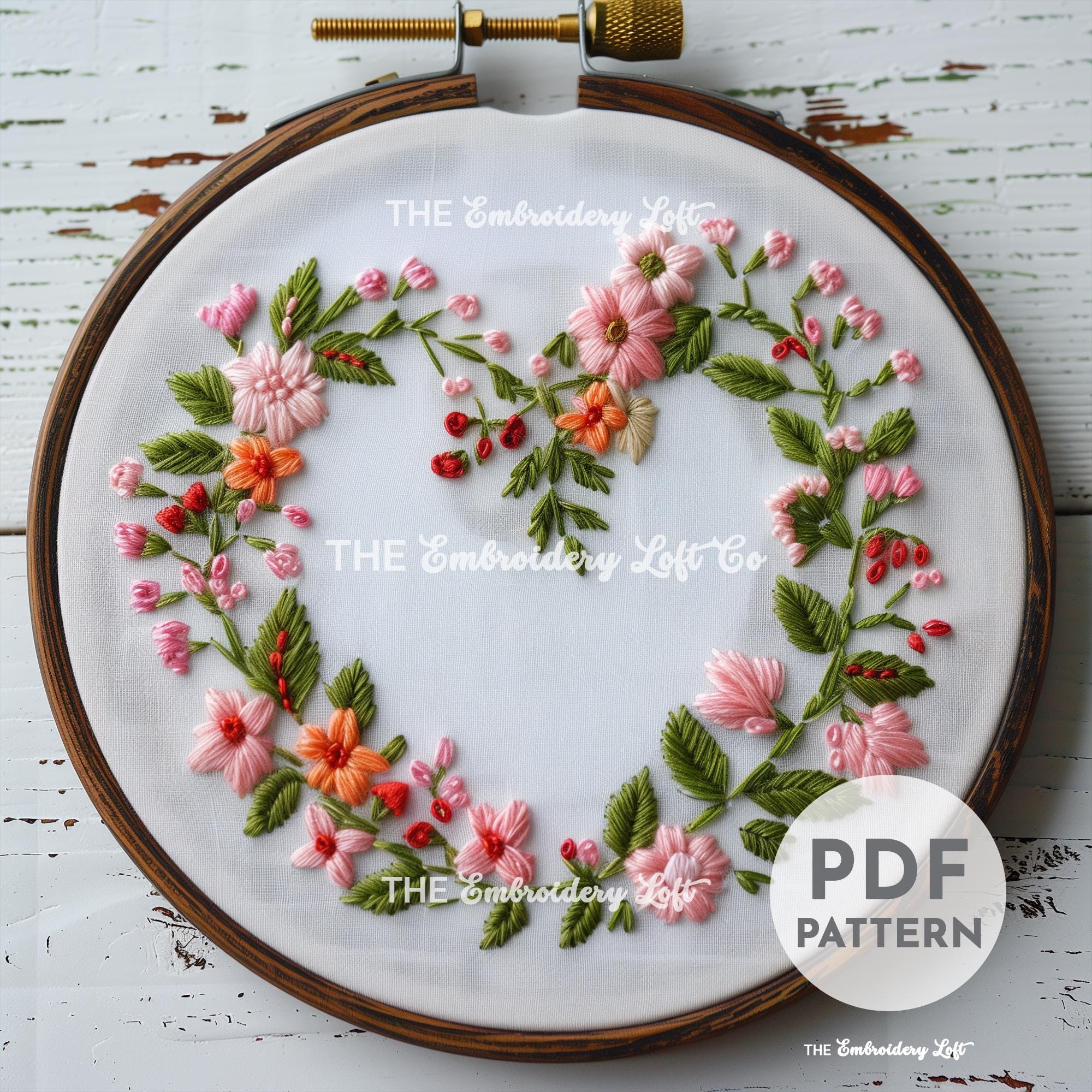Valentine Floral Heart Wreath Hand Embroidery Pattern