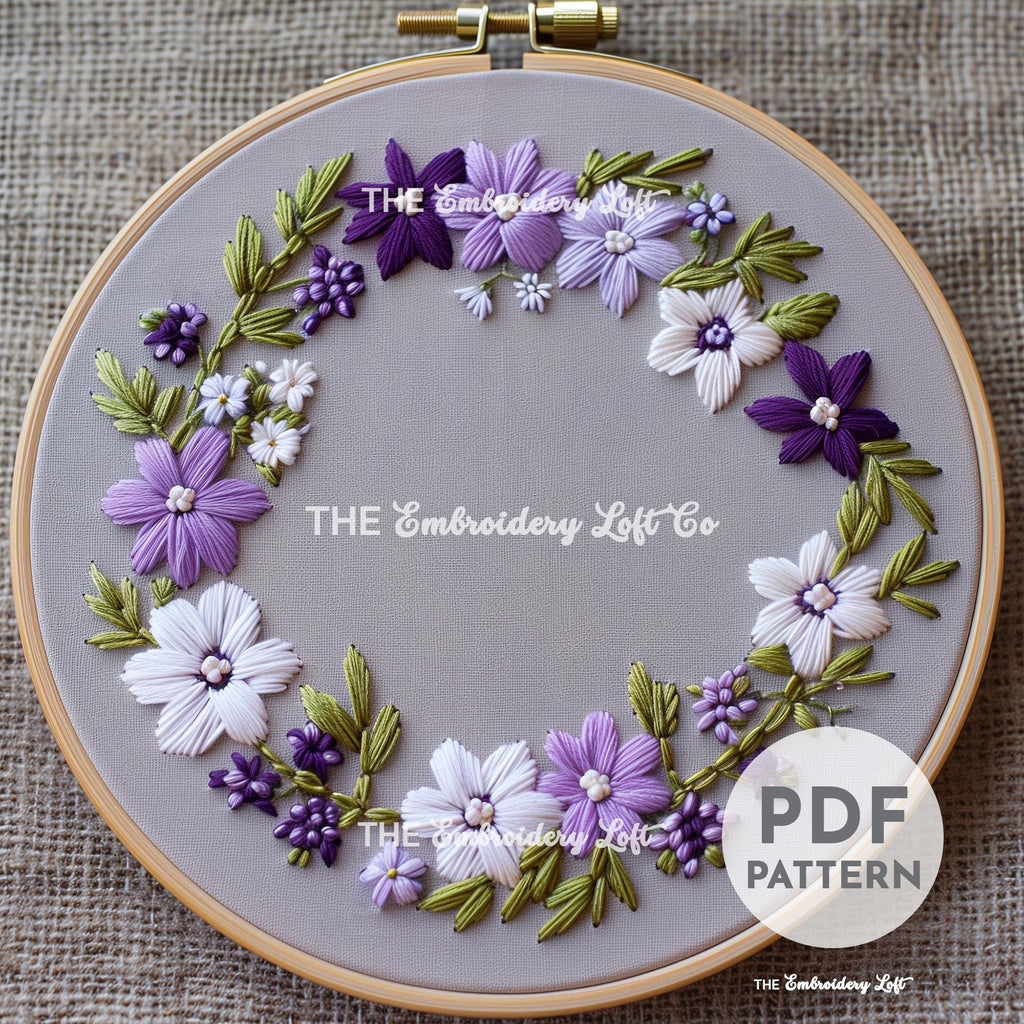 White and Purple Wreath Hand Embroidery Pattern
