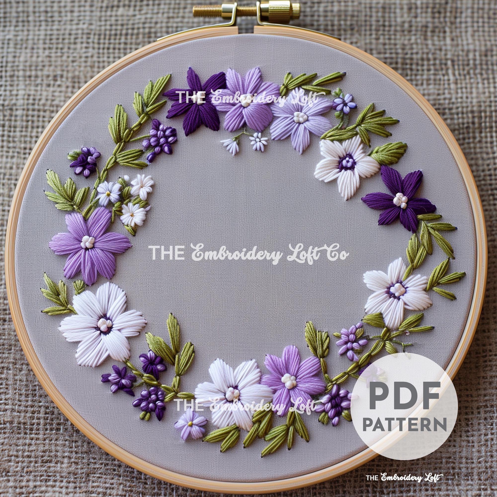 White and Purple Wreath Hand Embroidery Pattern